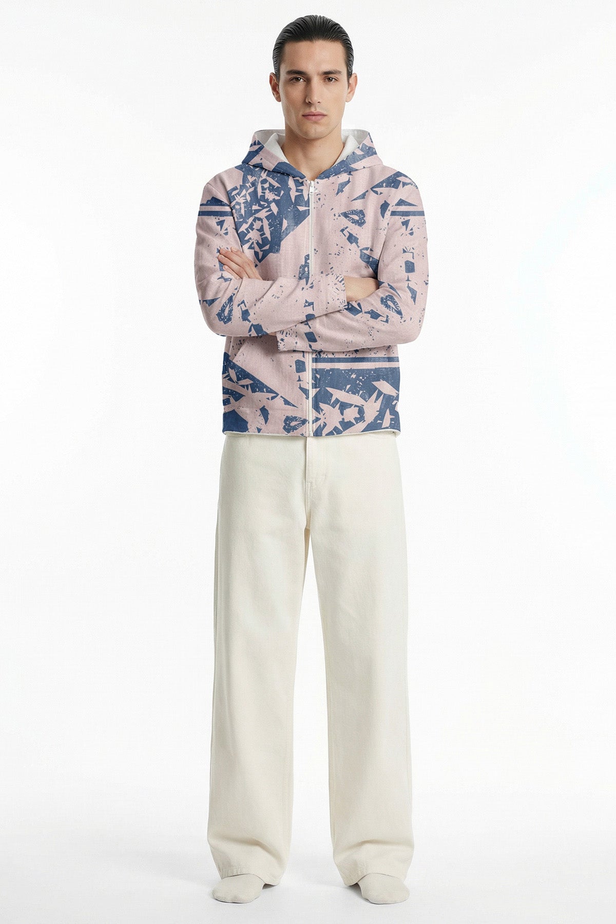 Beige Blue Linen Hooded Jacket