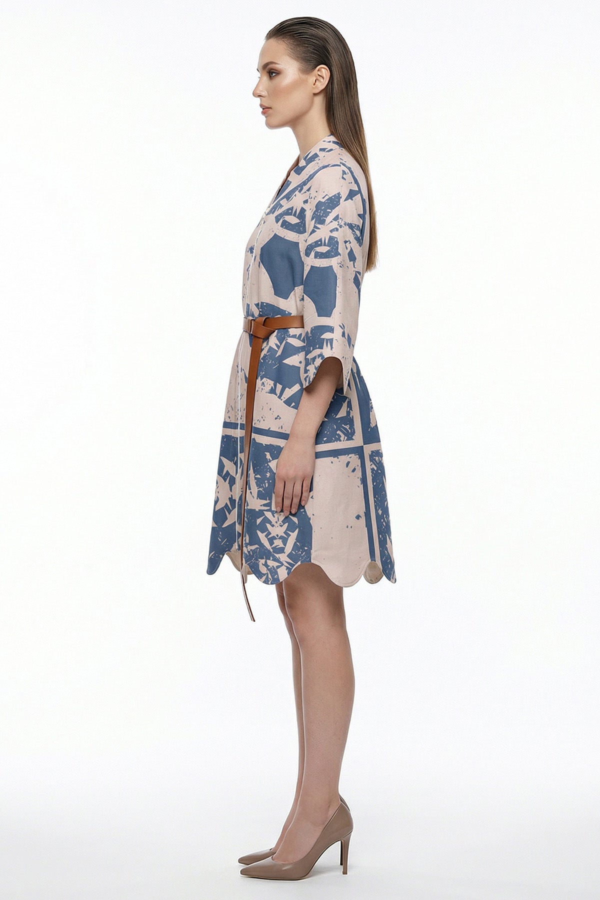 Beige & Blue Linen Mini Dress
