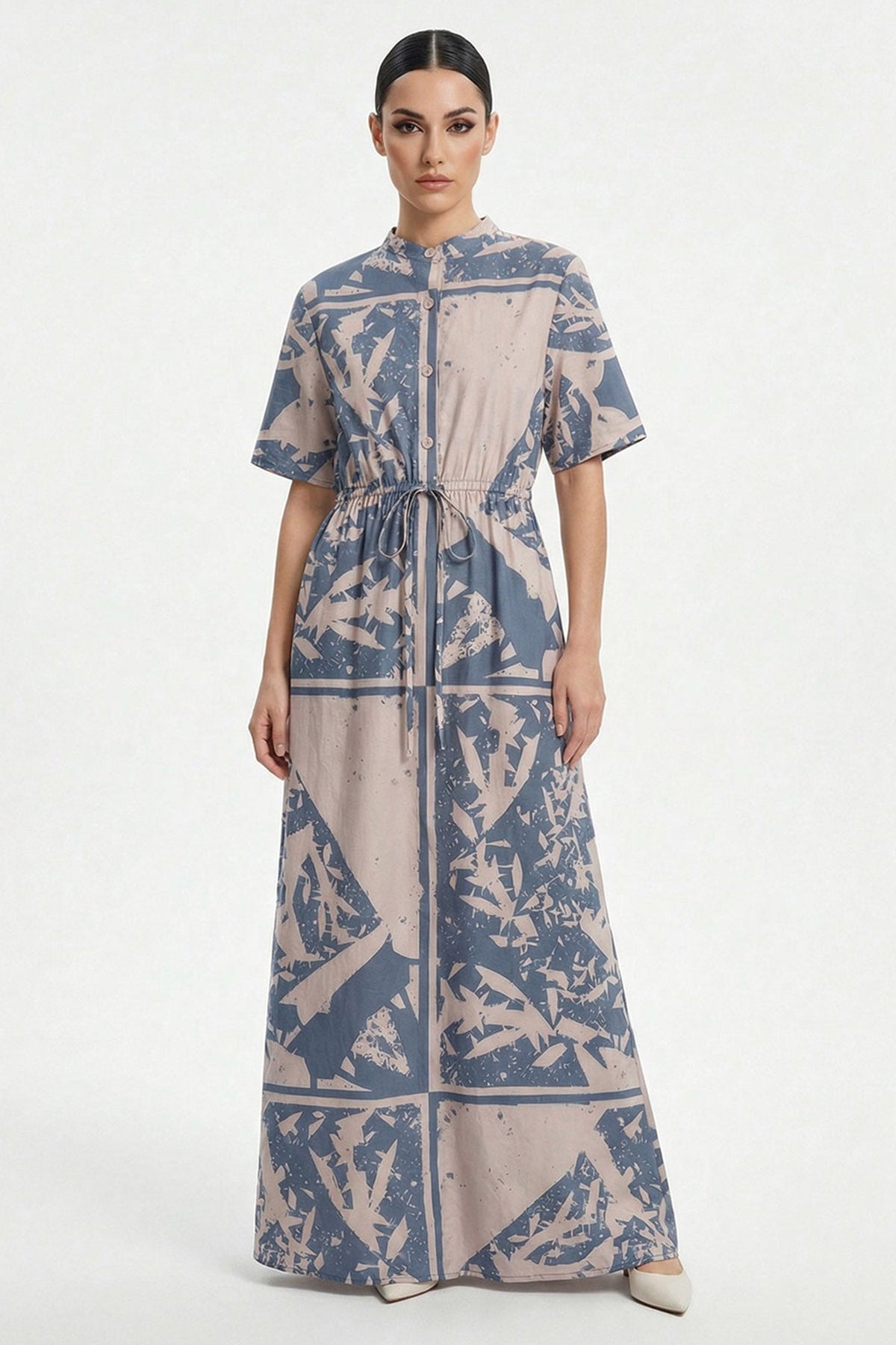 Beige & Blue Viscose Maxi Dress