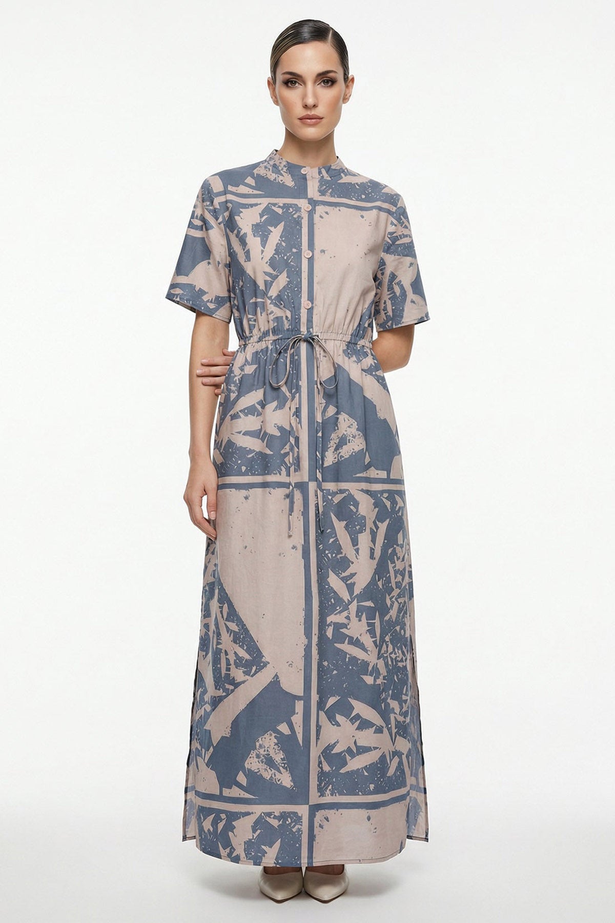 Beige & Blue Viscose Maxi Dress