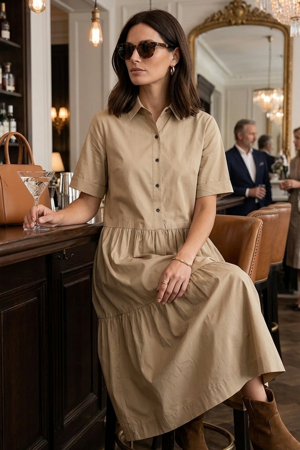 Beige Button Tiered Midi Dress