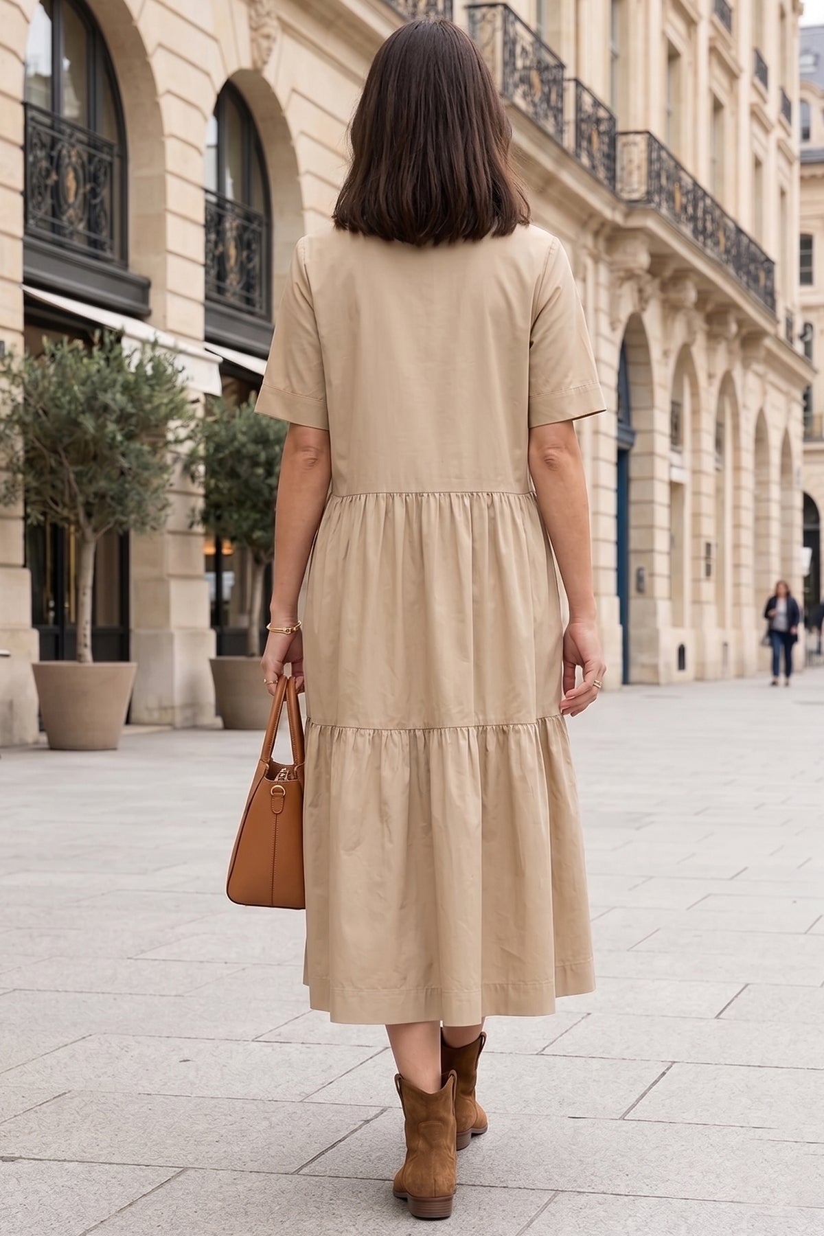 Beige Button Tiered Midi Dress