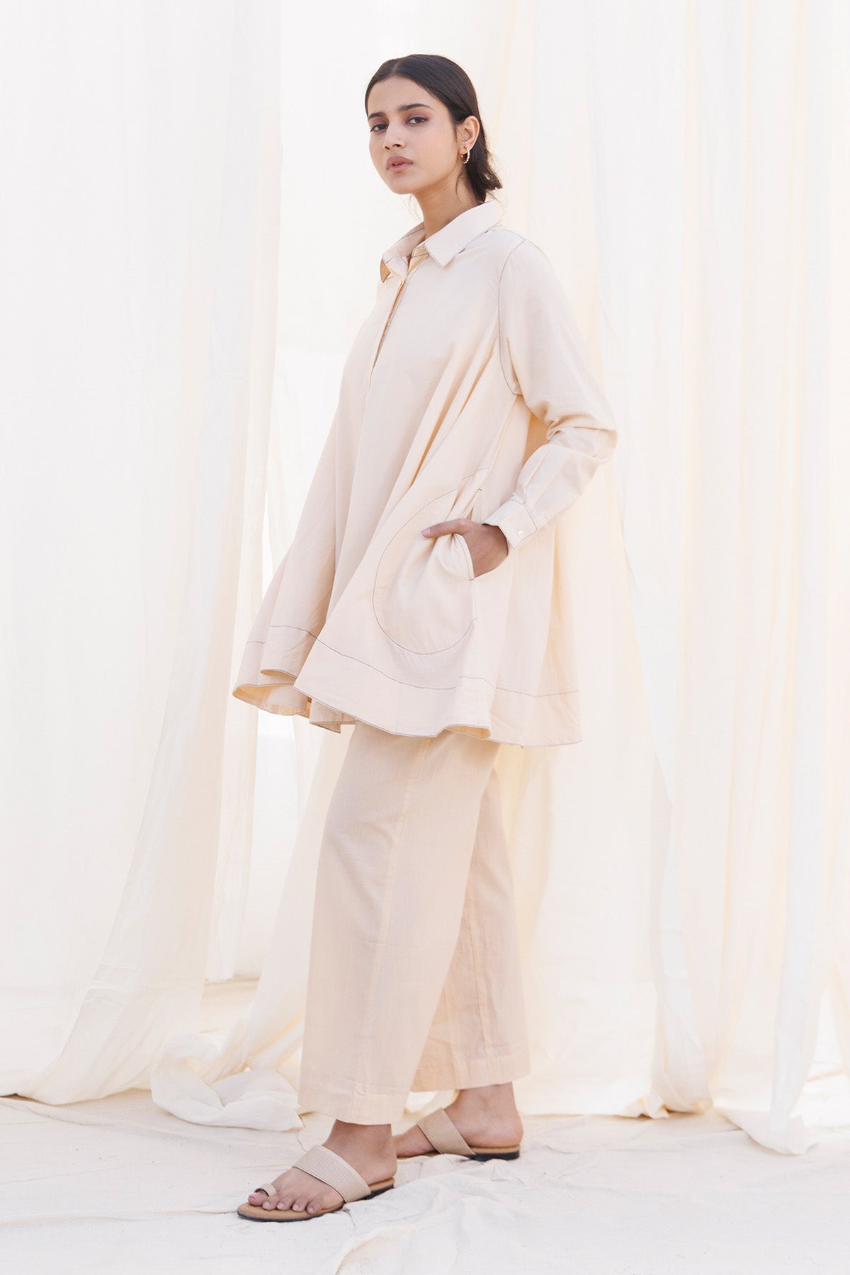 Beige Cambric Cotton Flared Top