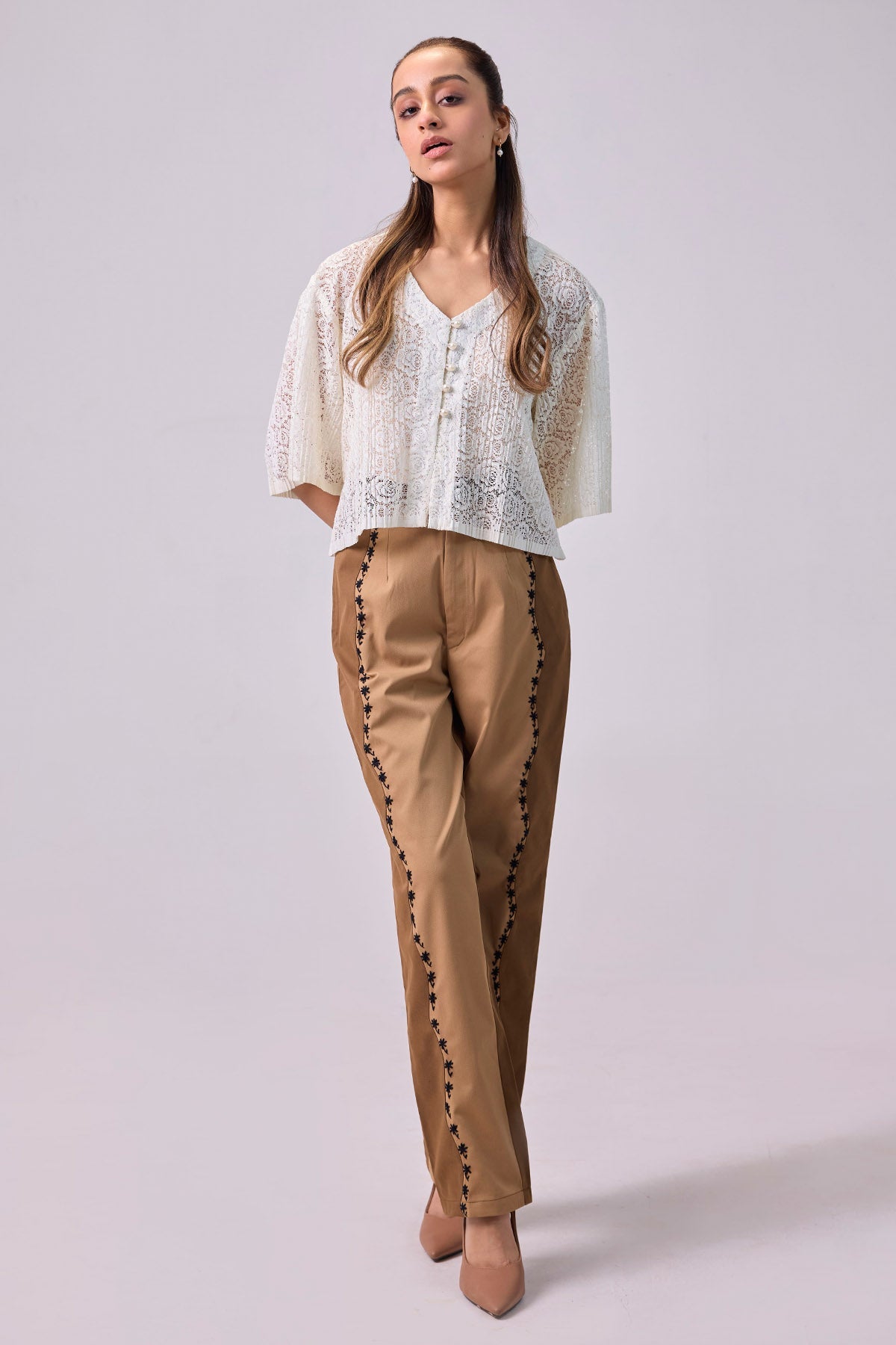 Buy Beige & Camel Embroidered Pants for Women by 97 Motifs Designer online available at scrollnshops