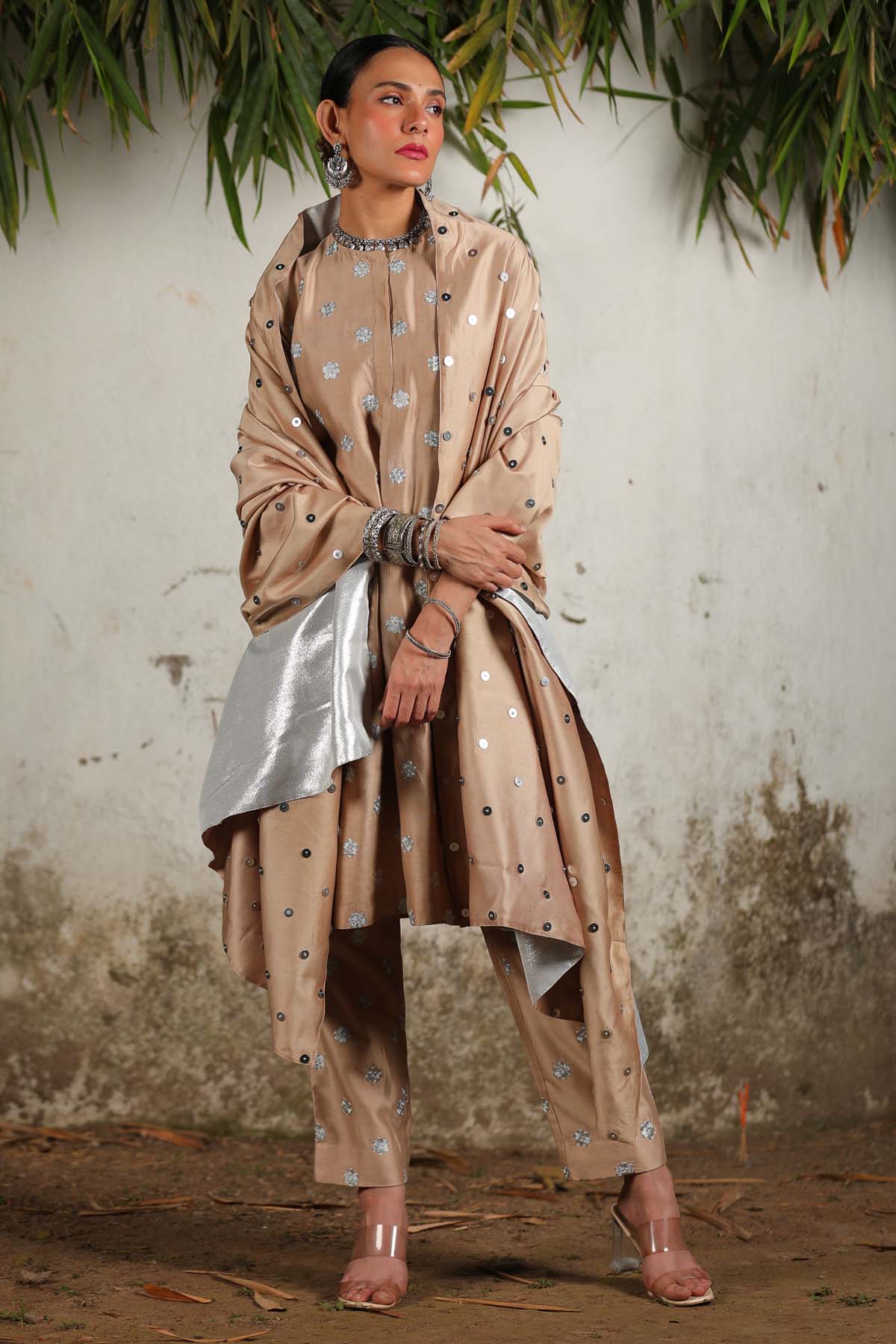 Beige Chanderi Floral Kurta Set