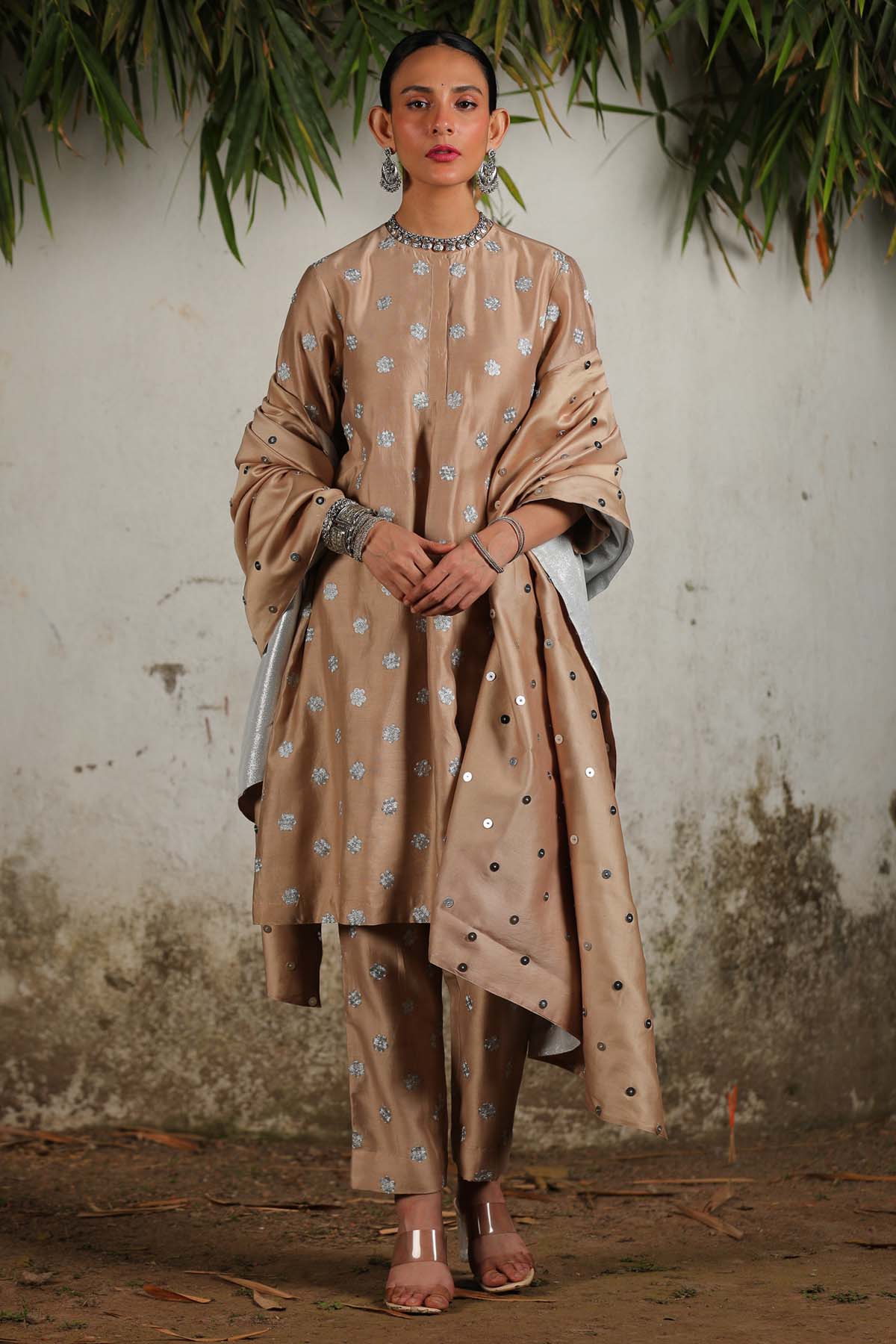 Saksham Neharicka Beige Chanderi Floral Kurta Set for women online at ScrollnShops