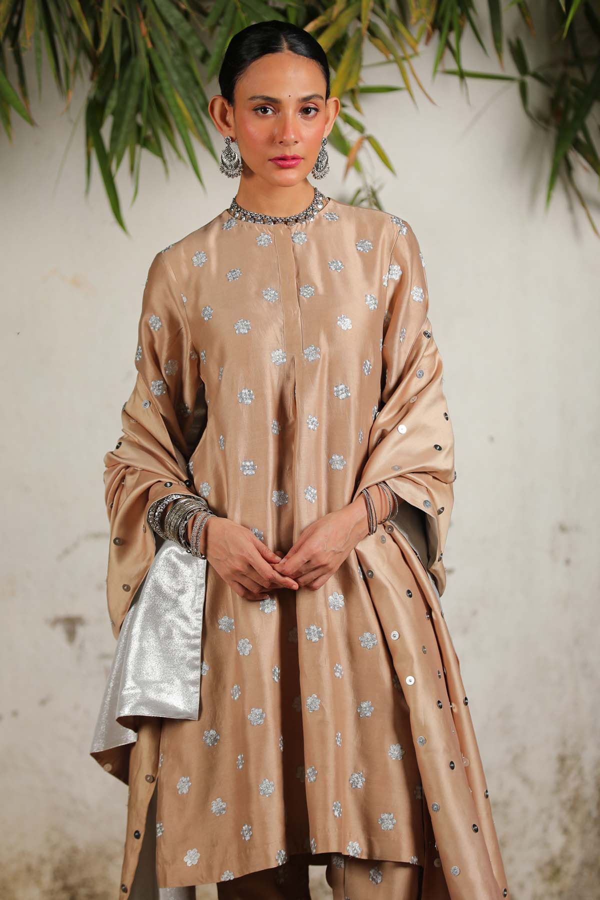 Beige Chanderi Floral Kurta Set