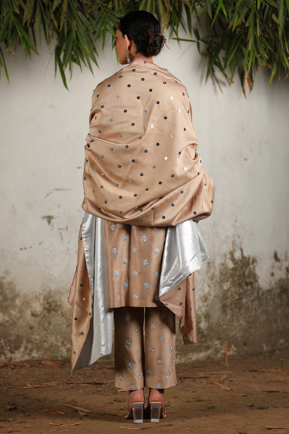 Beige Chanderi Floral Kurta Set