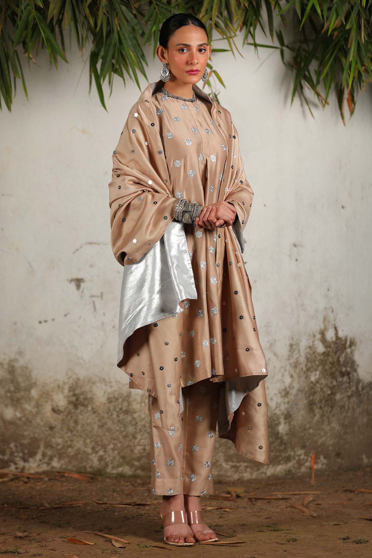 Beige Chanderi Floral Kurta Set