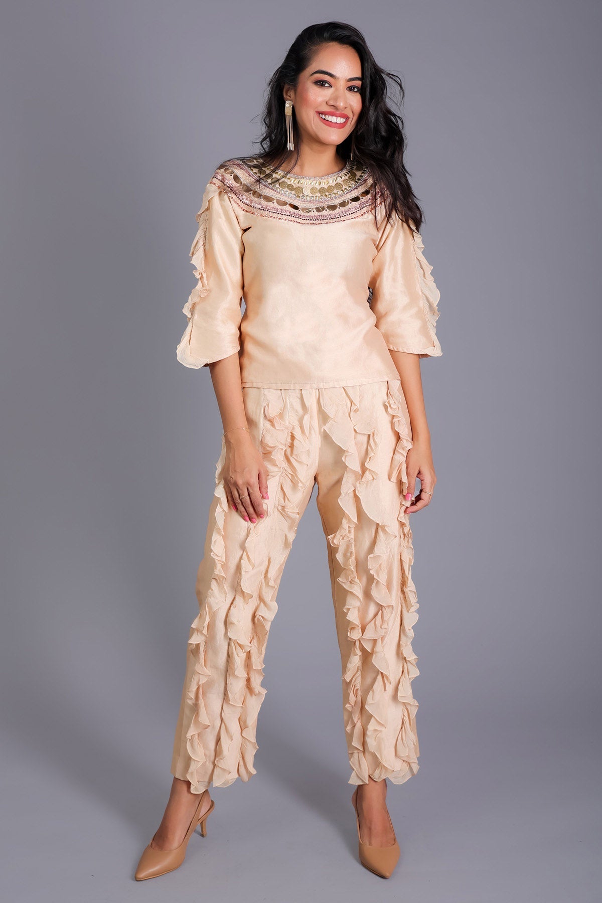 Etti Kapoor Beige Chanderi Ruffle Co-ord Set for women online at ScrollnShops