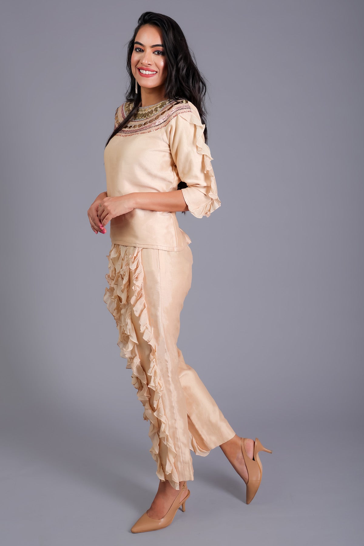 Beige Chanderi Ruffle Co-ord Set