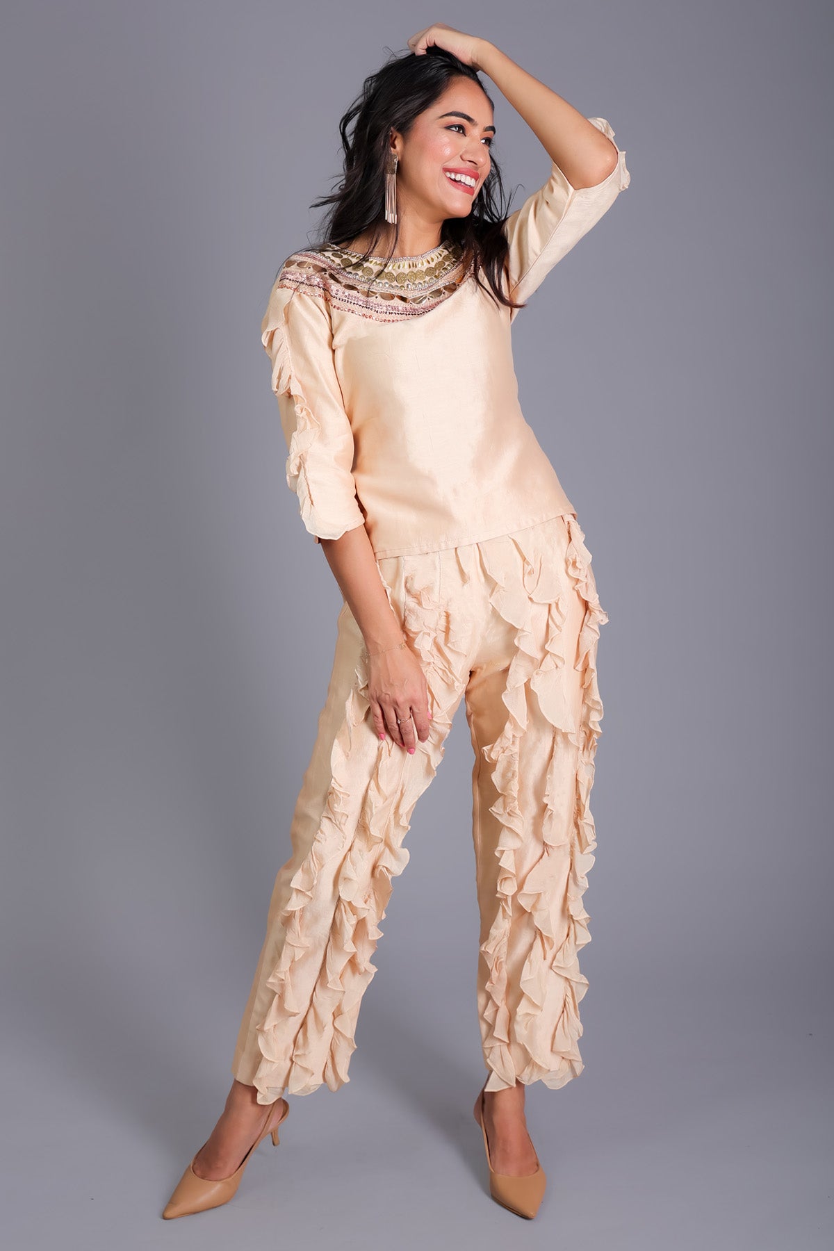 Beige Chanderi Ruffle Co-ord Set