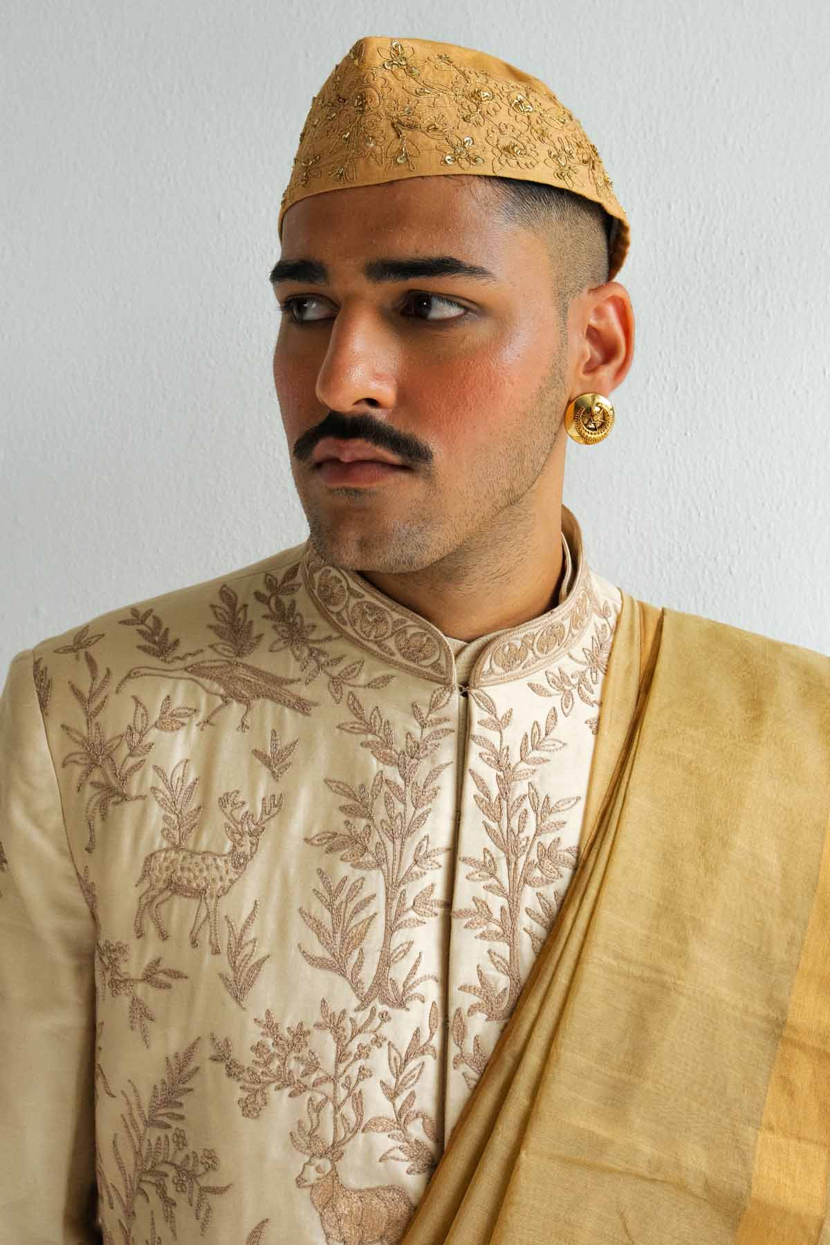 Beige Chanderi Sherwani Set