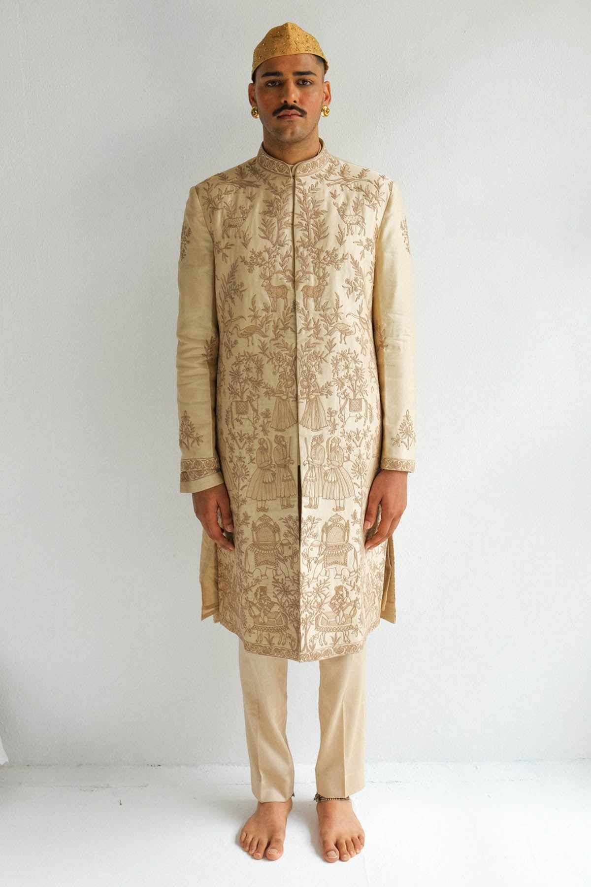 WABI SABI Beige Chanderi Sherwani Set for men online at ScrollnShops