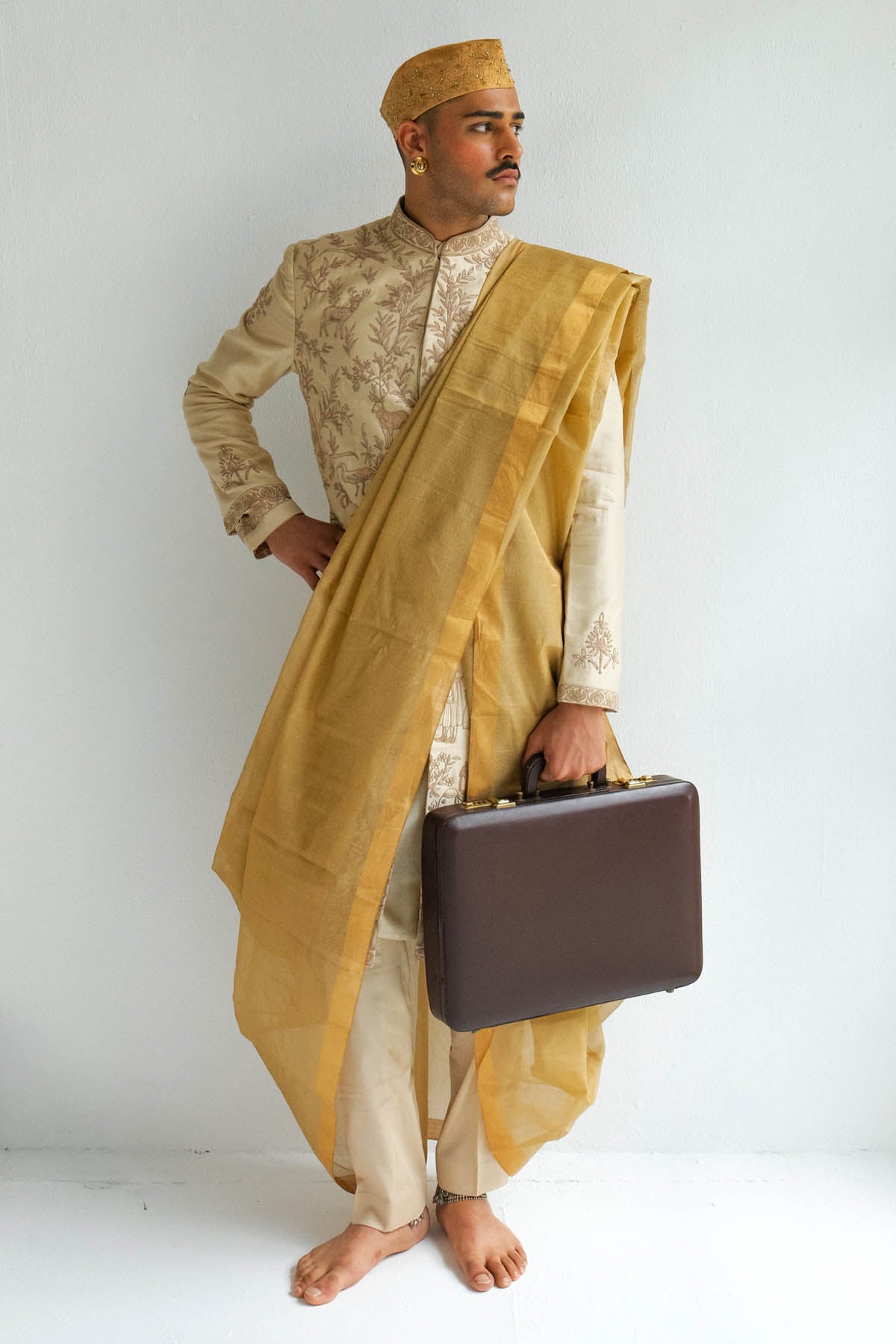 Beige Chanderi Sherwani Set