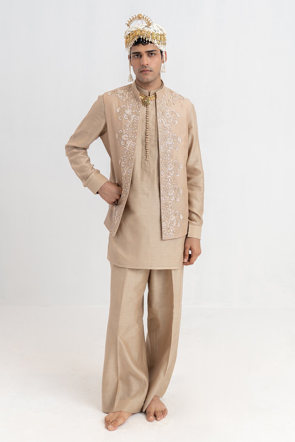 Buy Beige Chanderi Short Bundi Set for men by Ajiesh Oberoi online available at scrollnshops