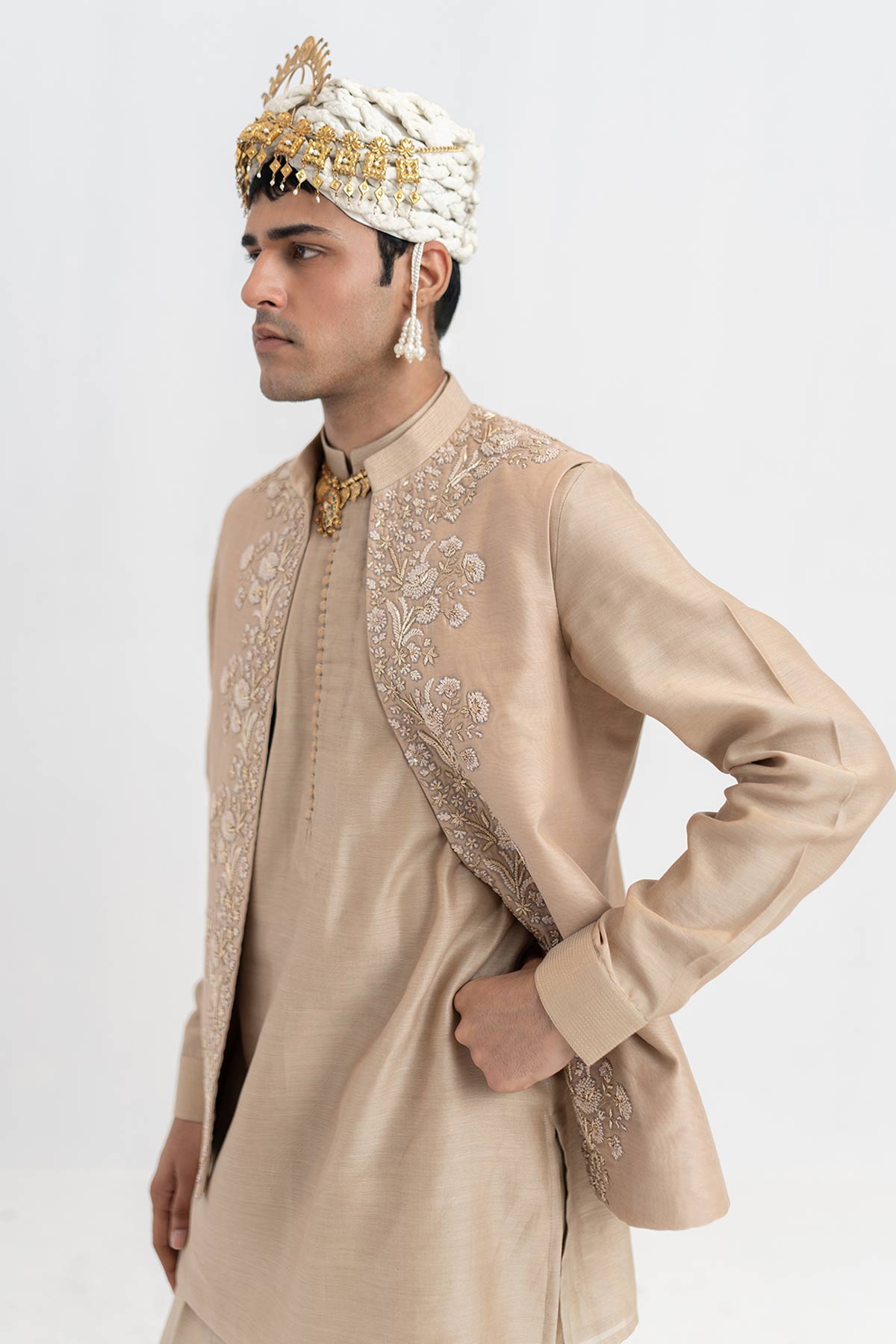 Beige Chanderi Short Bundi Set