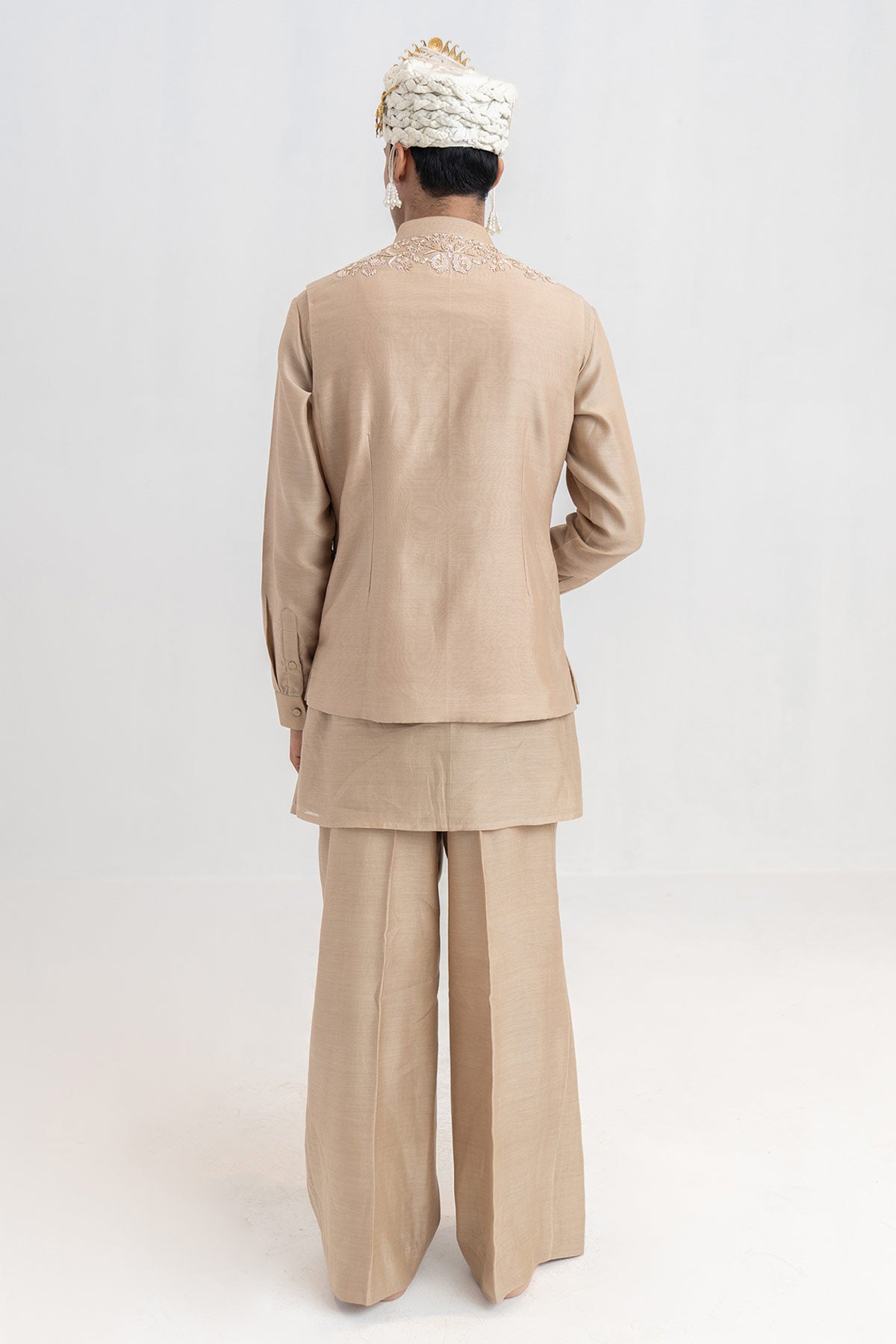 Beige Chanderi Short Bundi Set