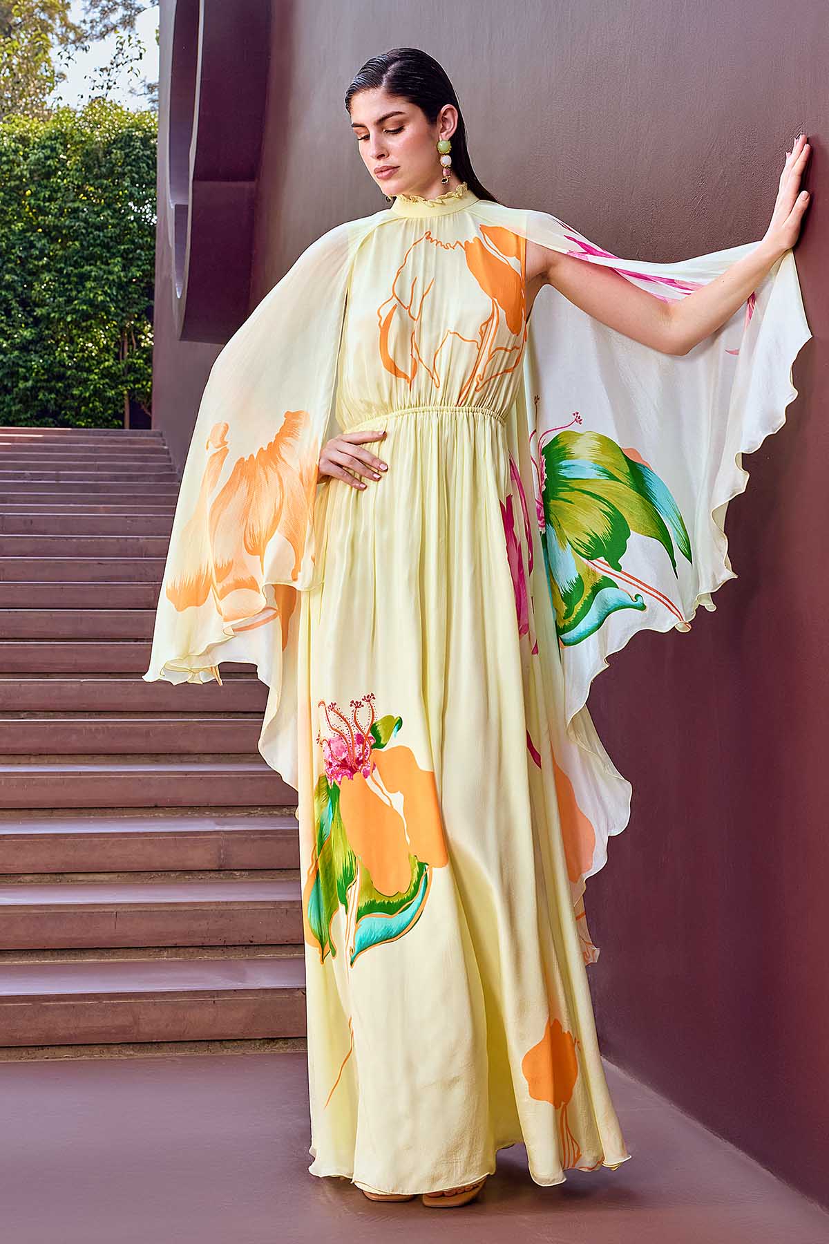 Beige Chiffon Ruffle Neck Dress