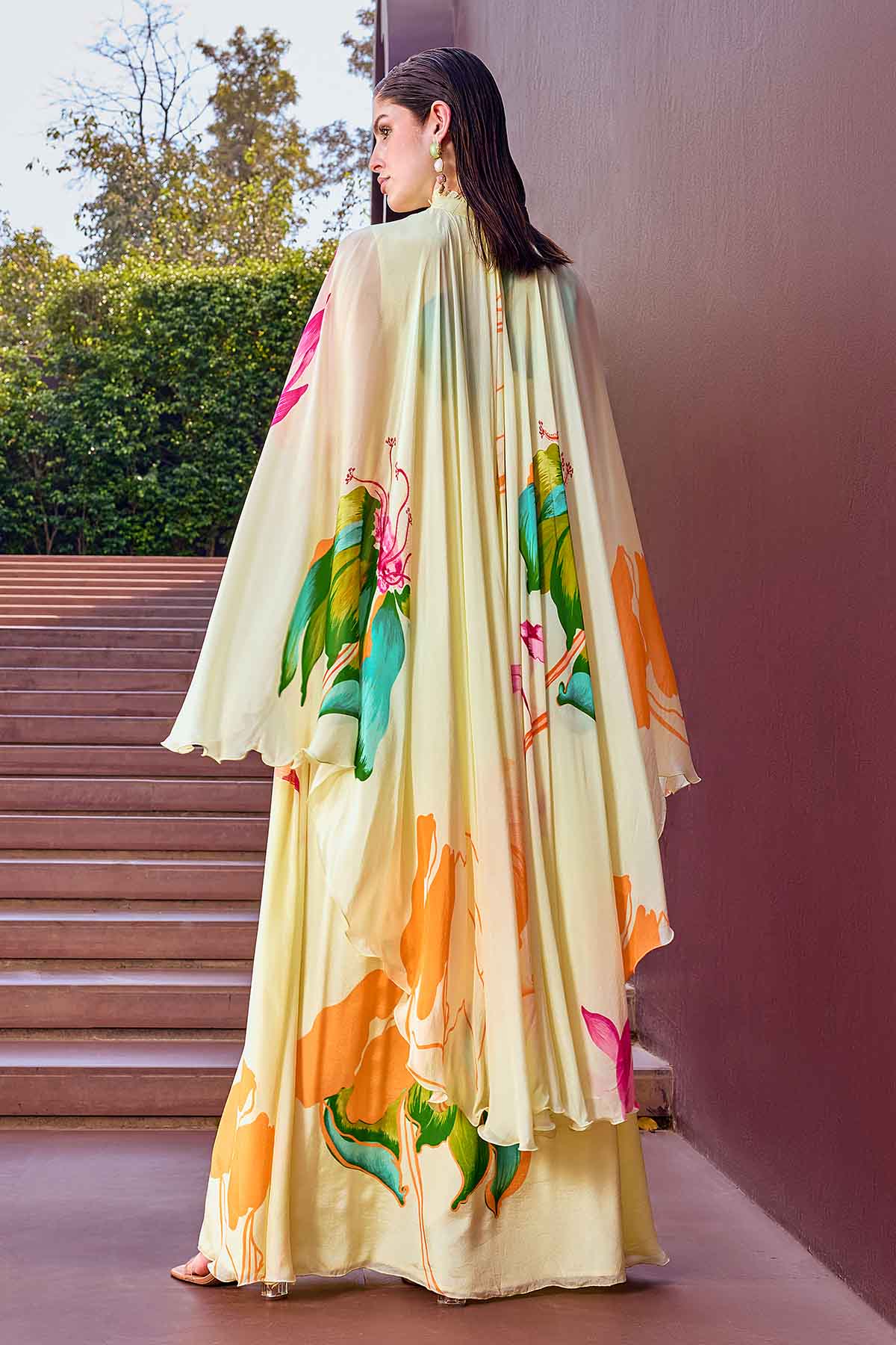 Beige Chiffon Ruffle Neck Dress