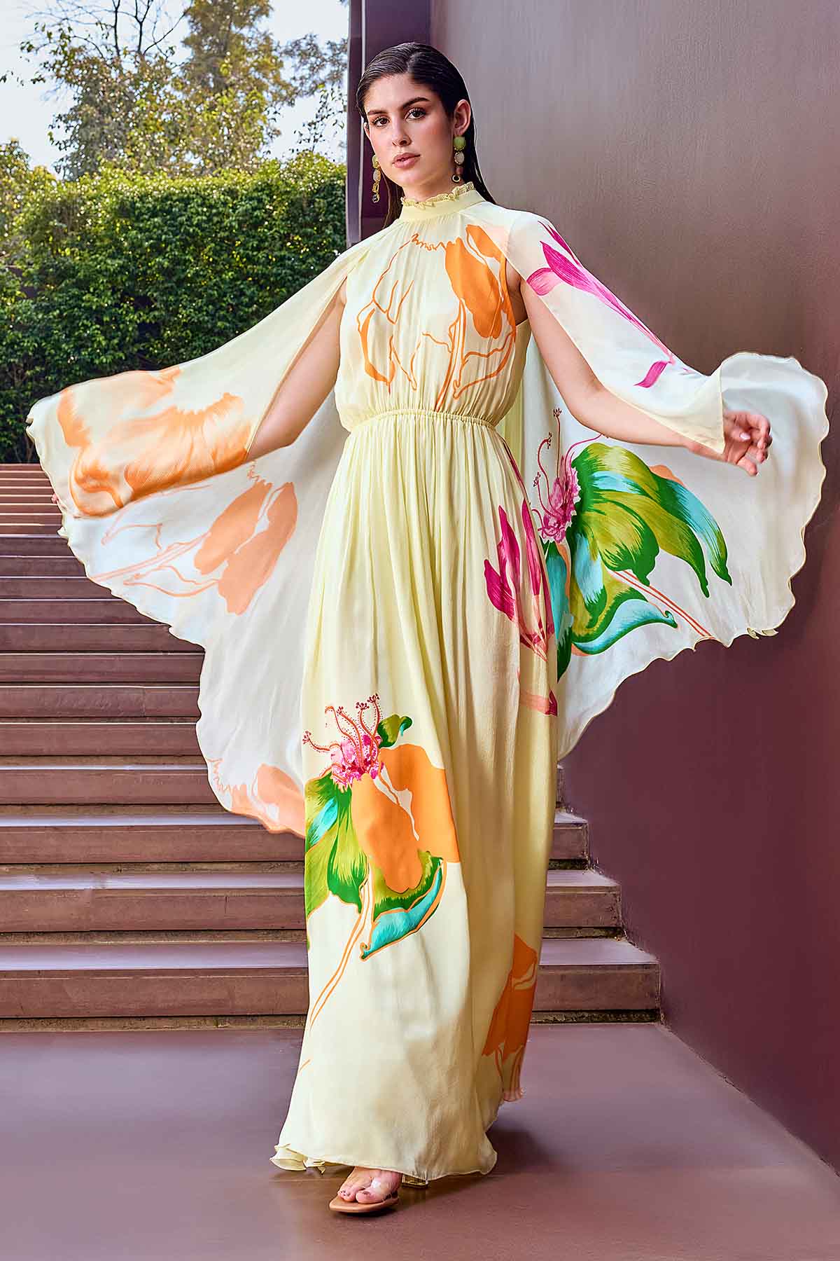 Beige Chiffon Ruffle Neck Dress