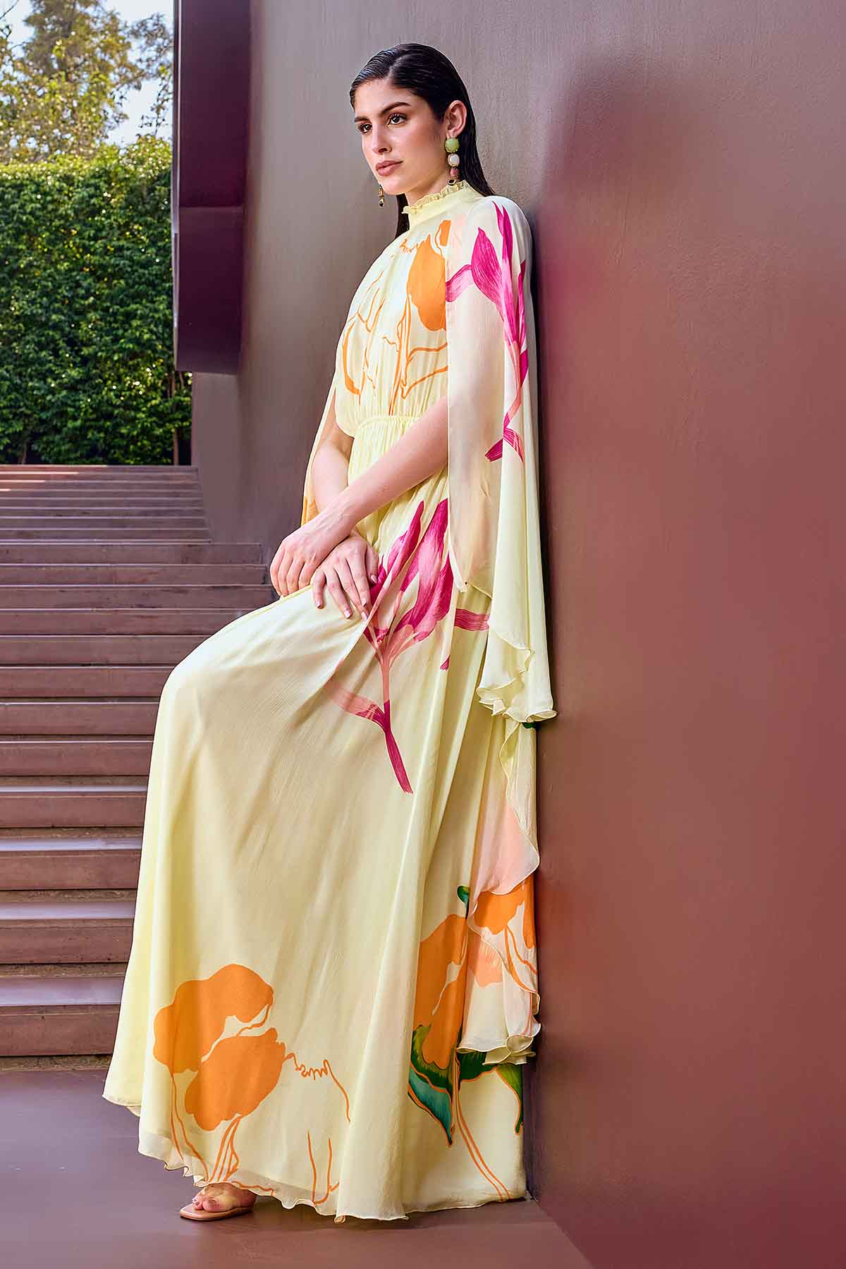 Beige Chiffon Ruffle Neck Dress