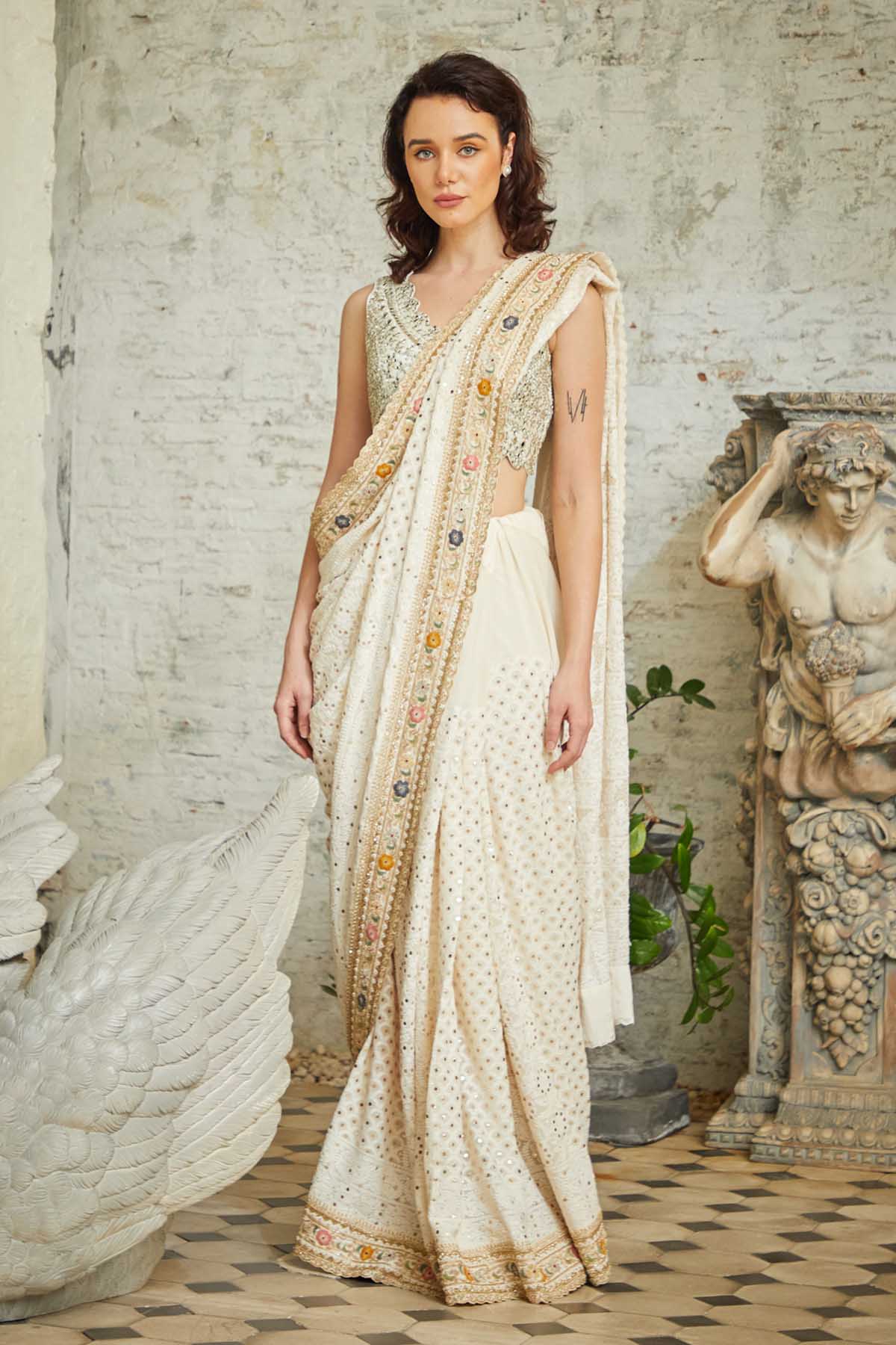 Beige Chikankari Saree