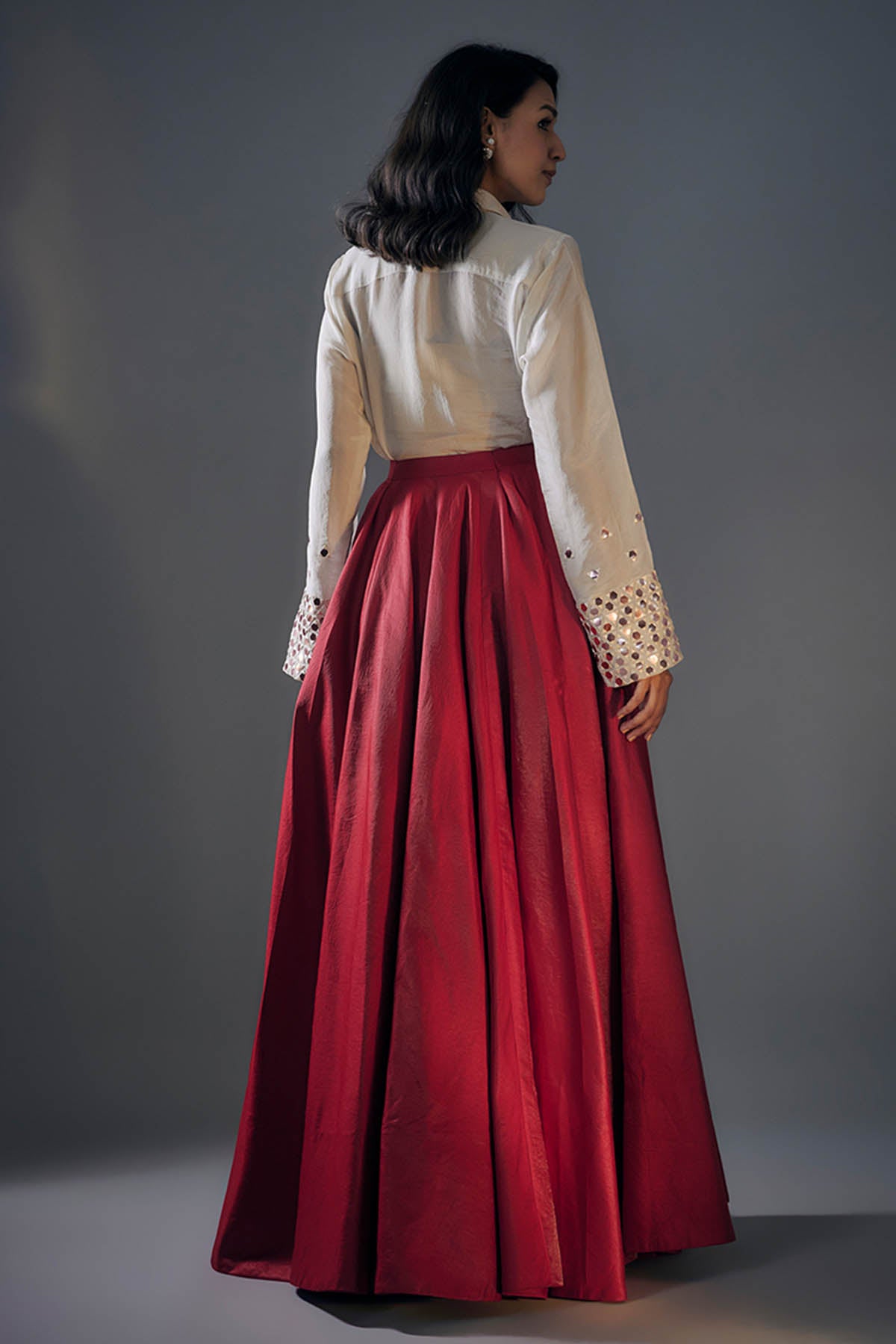 Beige Collar Shirt & Red Lehenga