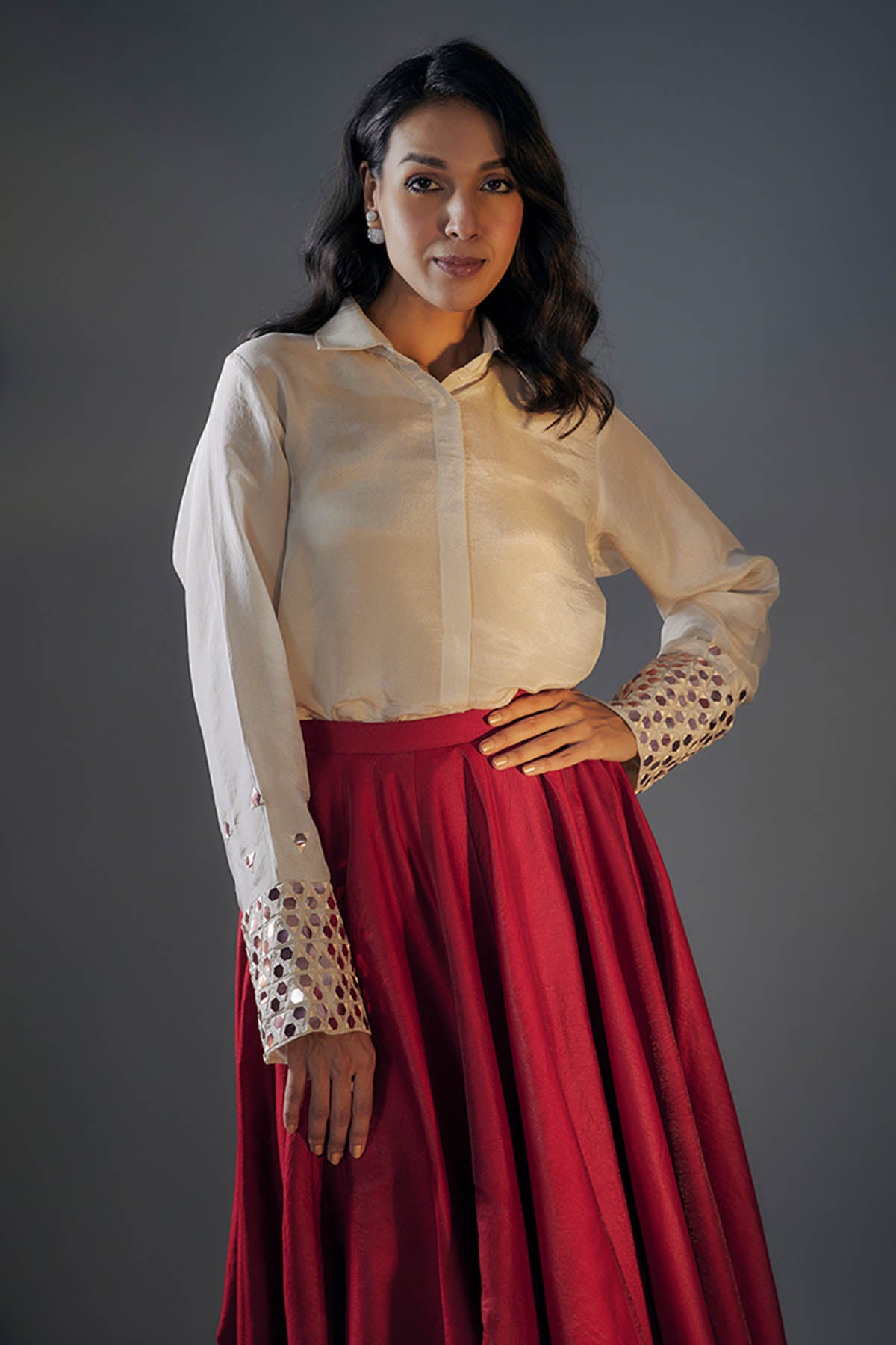 Beige Collar Shirt Red Lehenga - Main Image