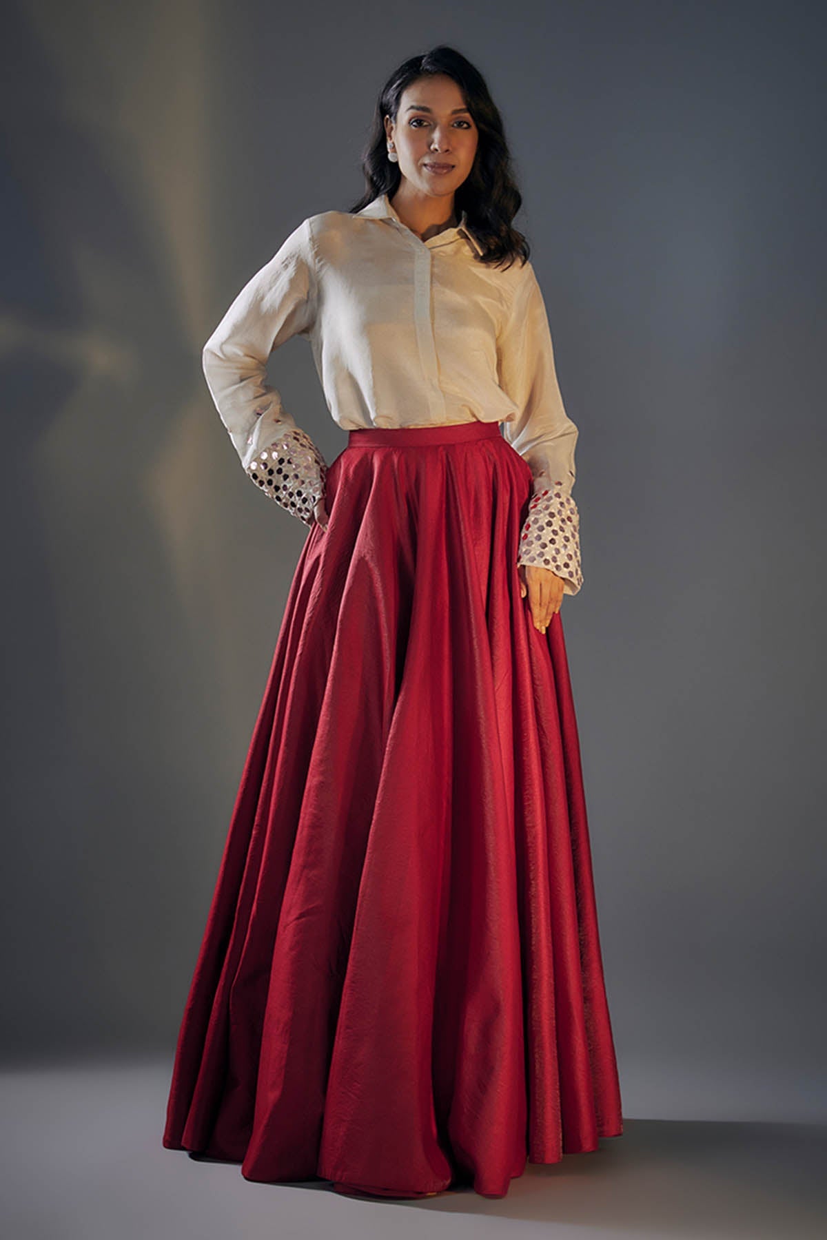 Buy Beige Collar Shirt & Red Lehenga by Masumi Mewawalla for women online at ScrollnShops