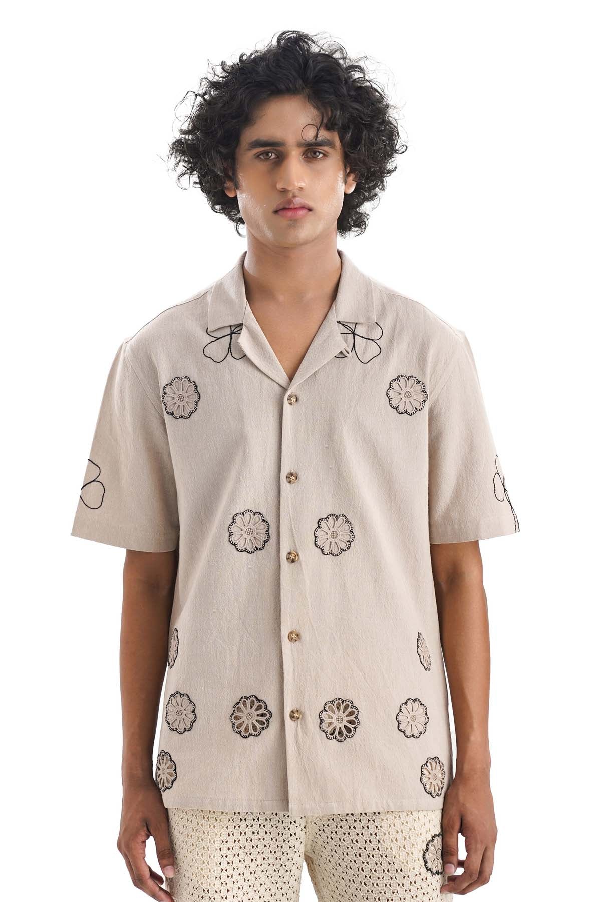 Notre Ame - Men Beige Cotton Applique Work Shirt for men online at ScrollnShops