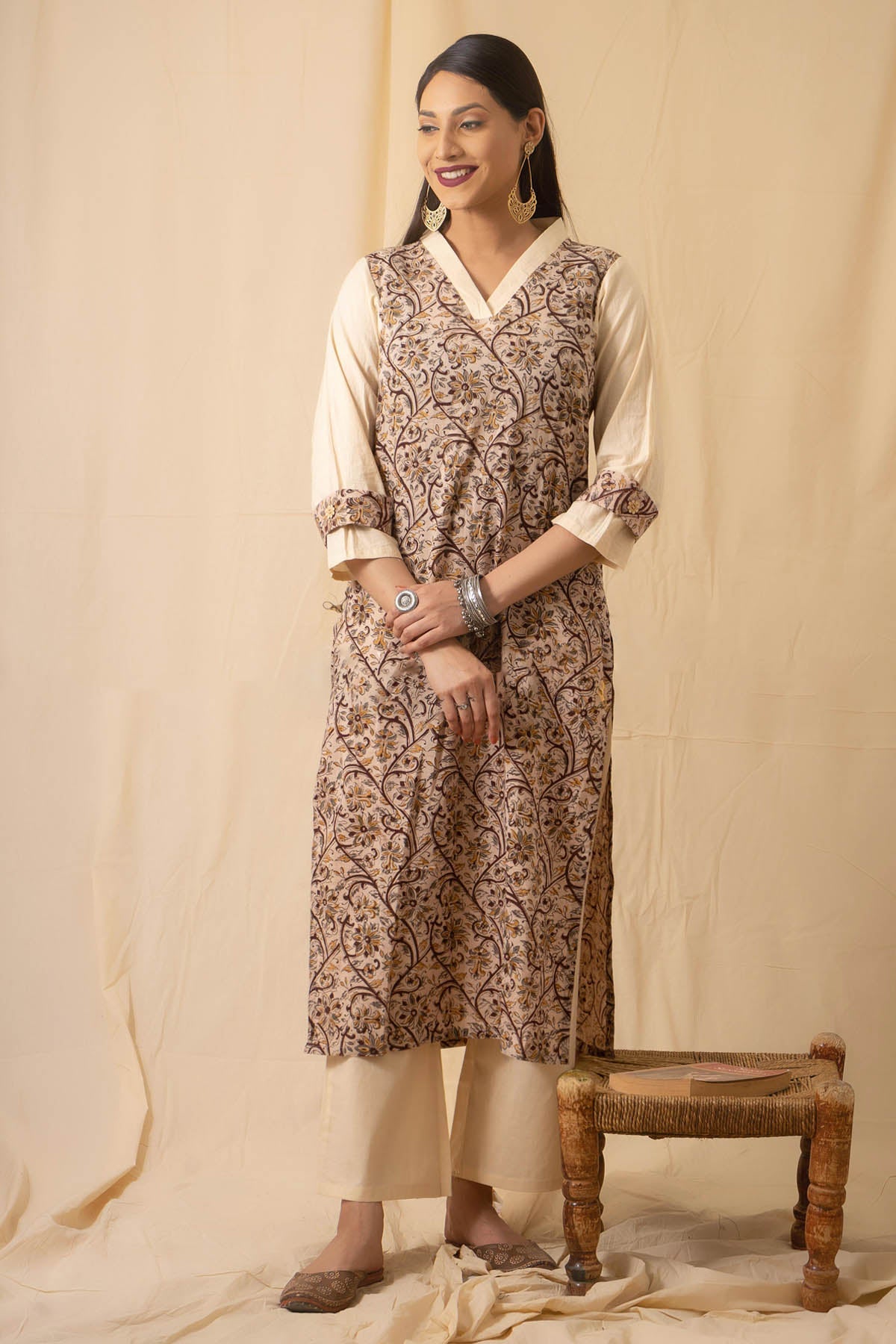 Charu Bhaskar Beige Cotton Cambric Kurta Set for women online at ScrollnShops