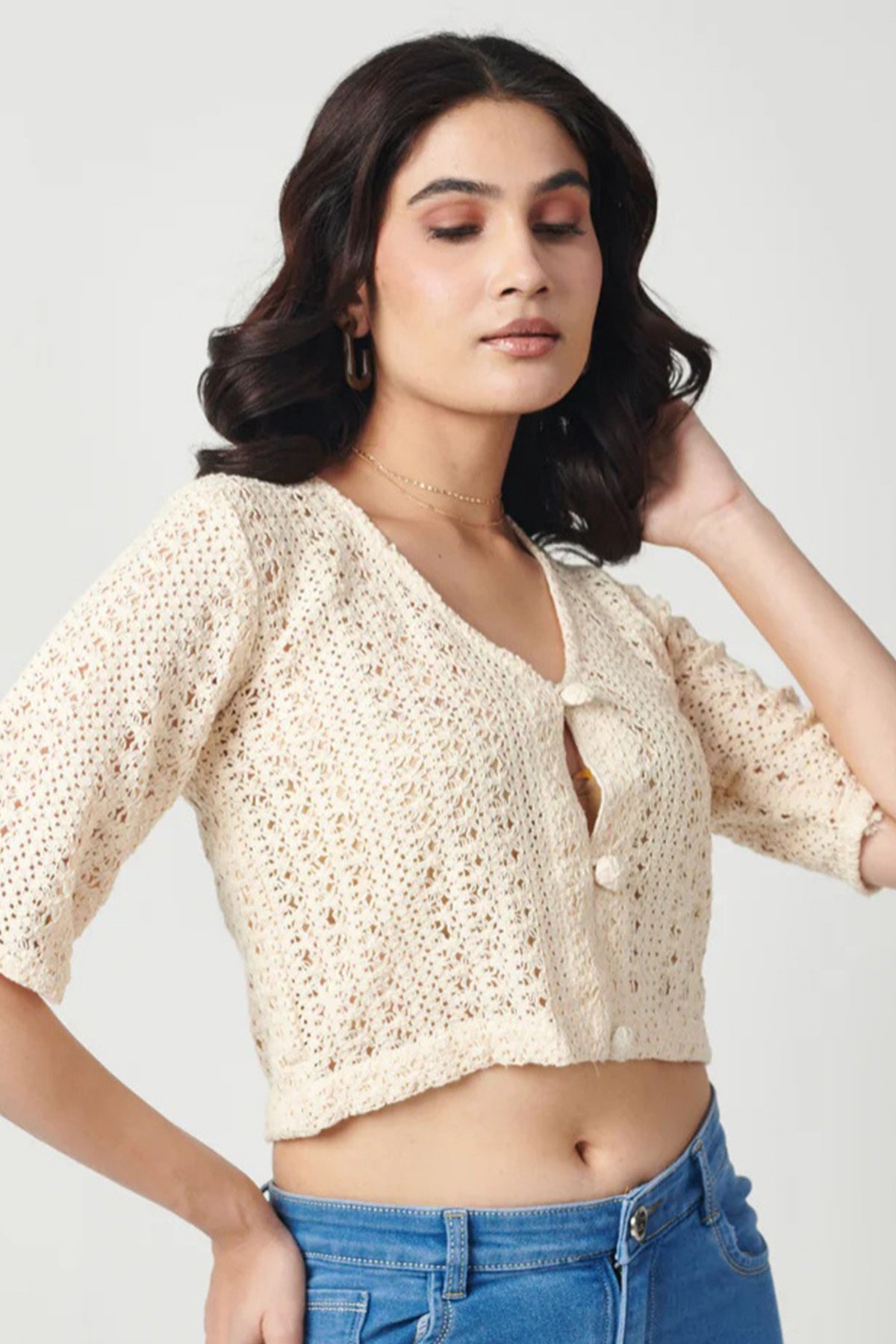 Buy Beige Cotton Crochet Crop Top for women online available at ScrollnShops