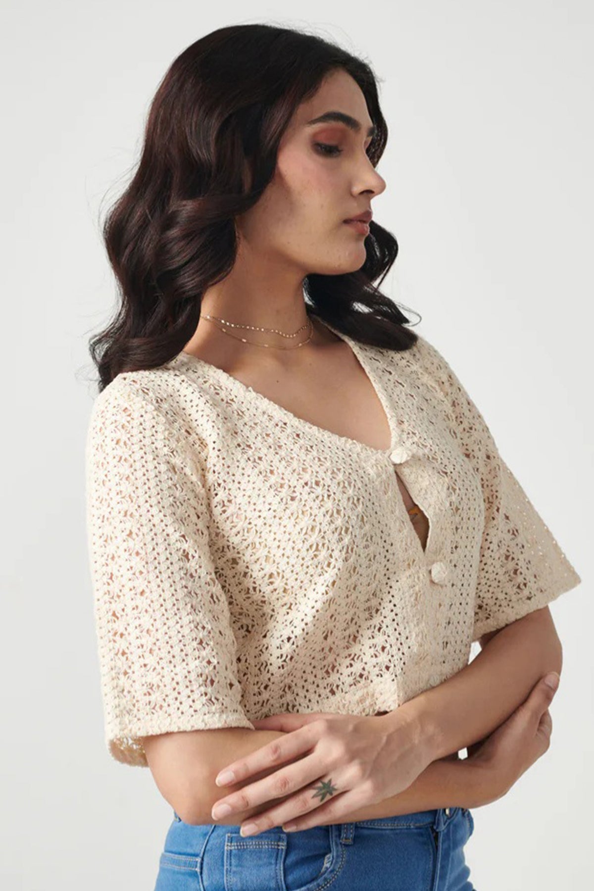 Beige Cotton Crochet Crop Top