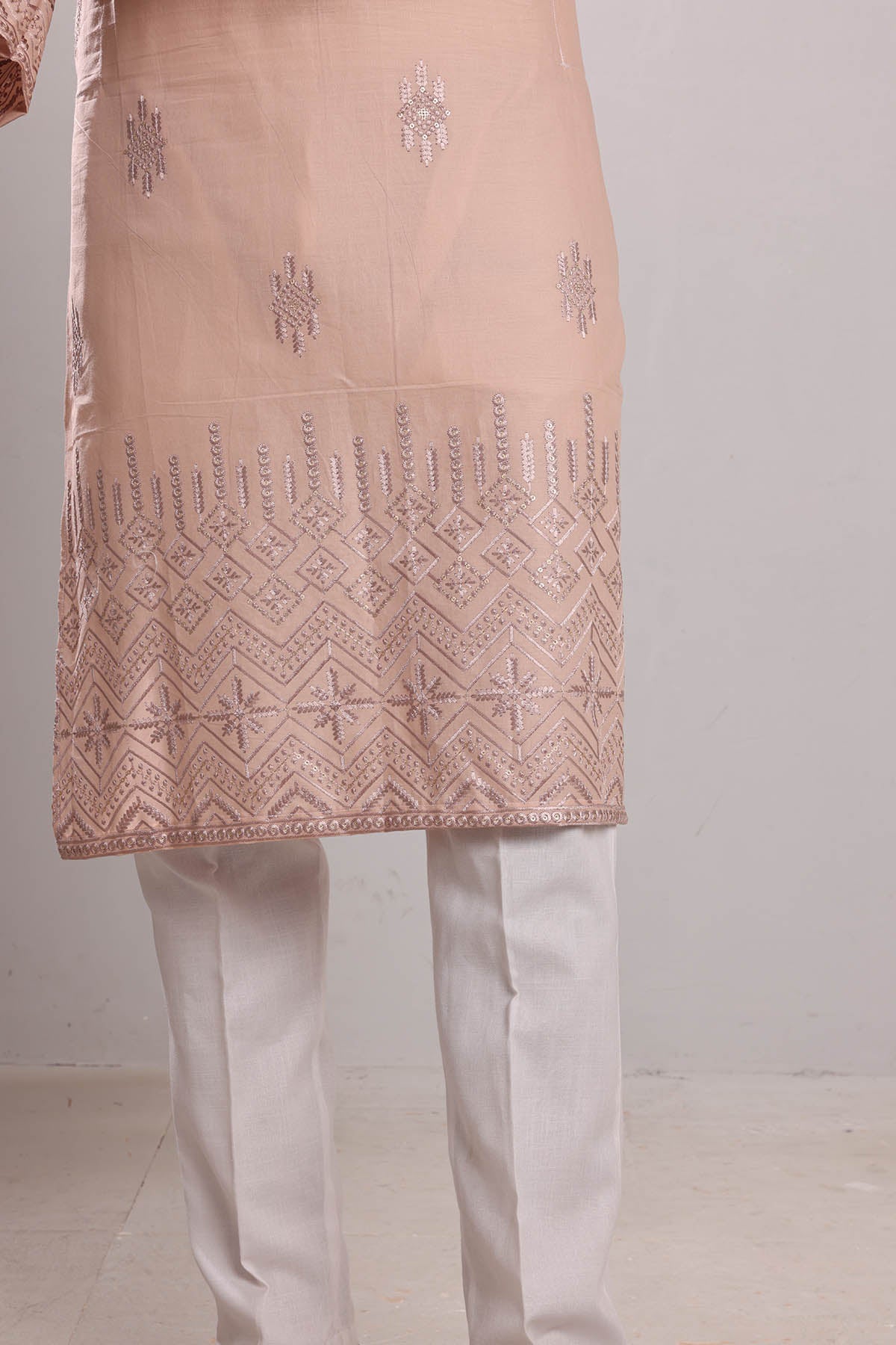 Beige Cotton Embroidered Kurta
