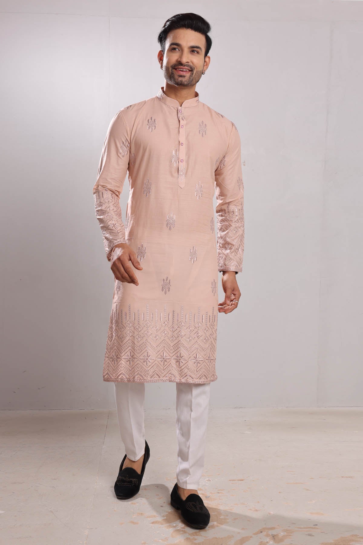 Buy Beige Cotton Embroidered Kurta by SNEHA B for men online at ScrollnShops