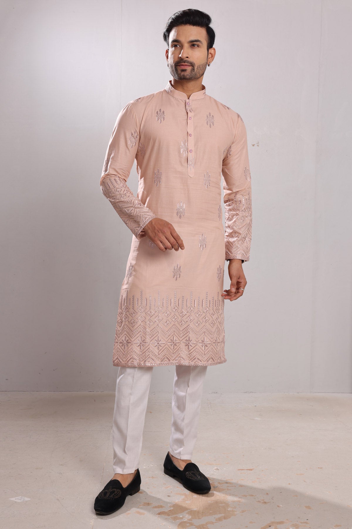 Beige Cotton Embroidered Kurta