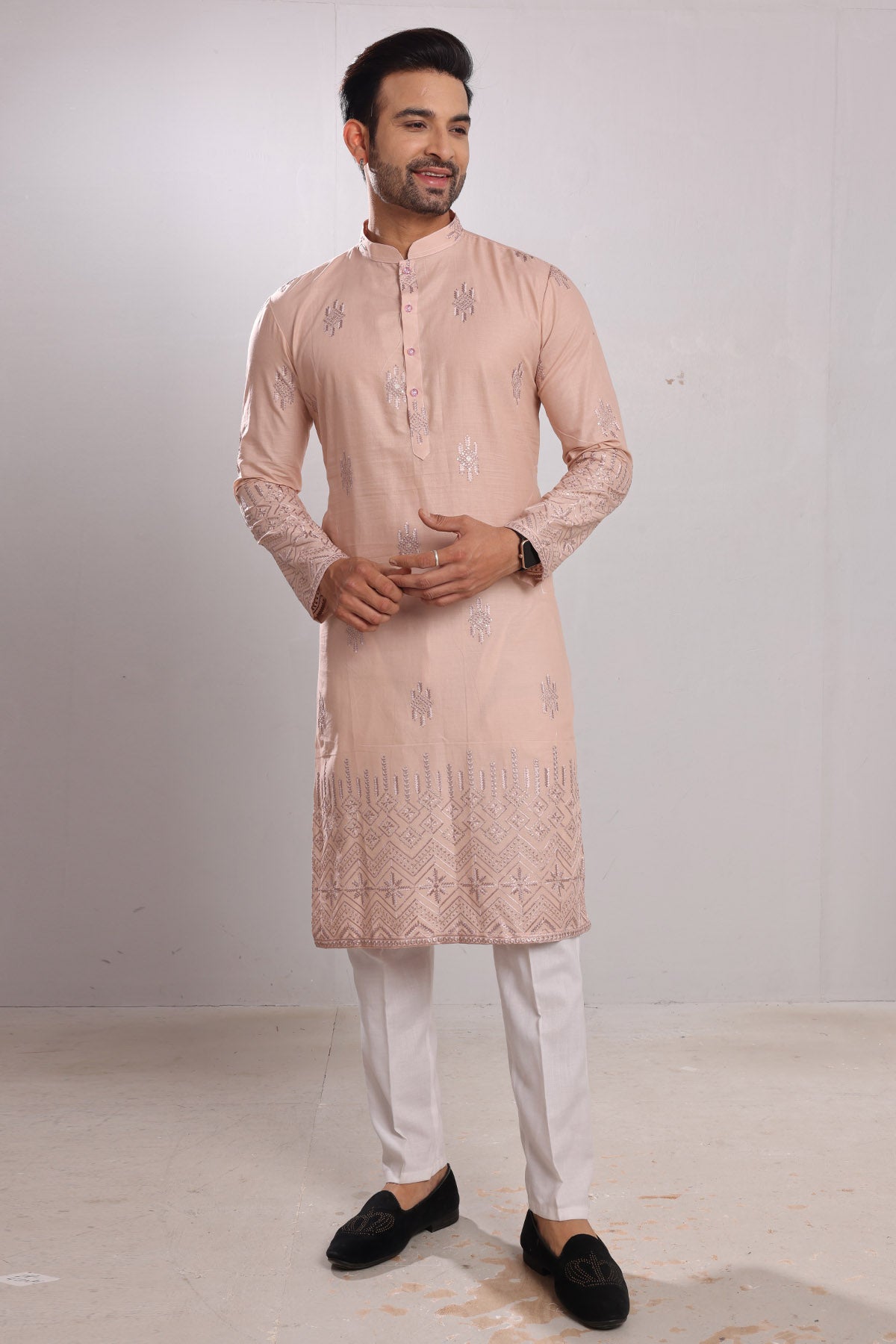 Beige Cotton Embroidered Kurta
