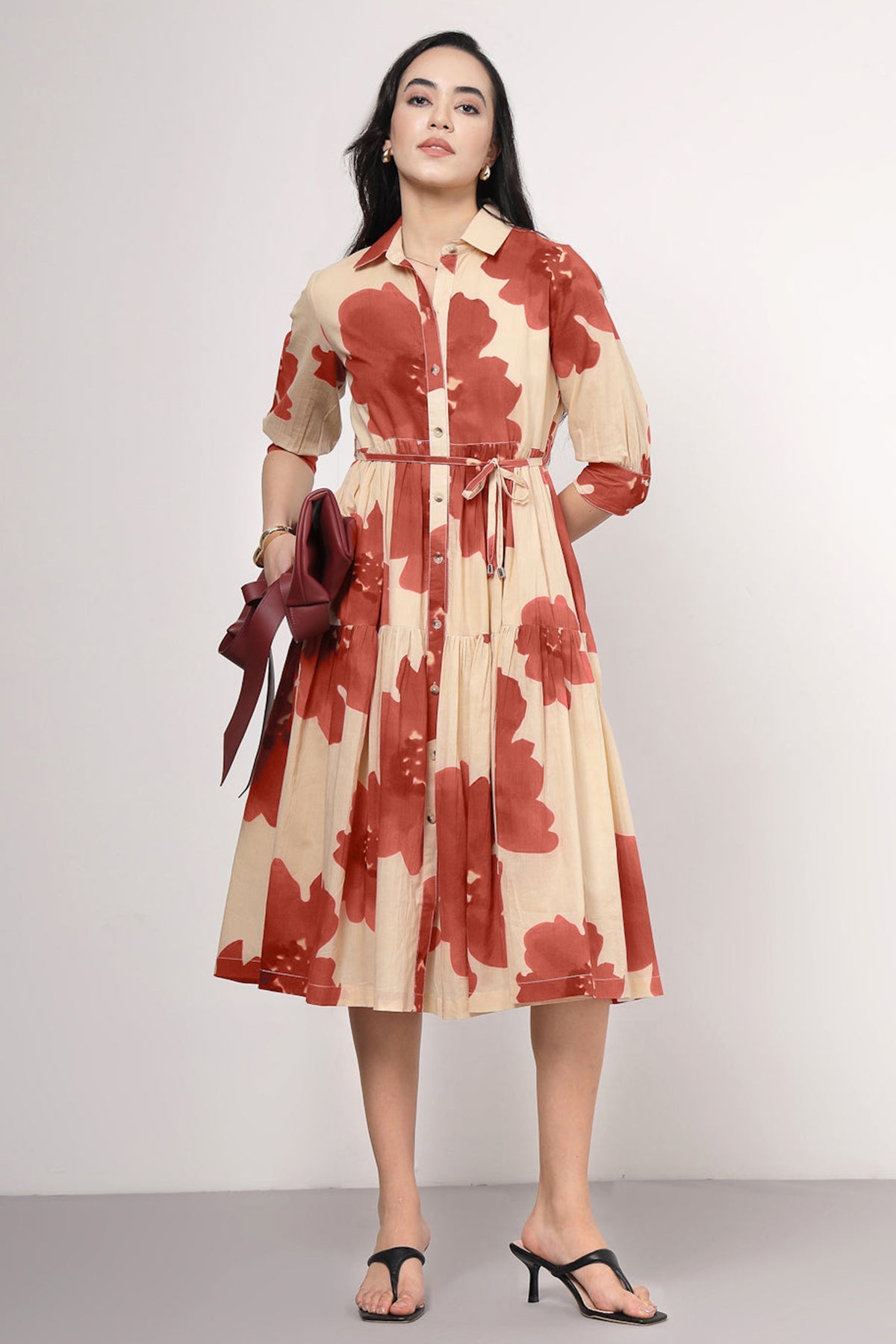 Buy Beige Cotton Floral Midi Dress for Women by Qomn Designer online available at scrollnshops