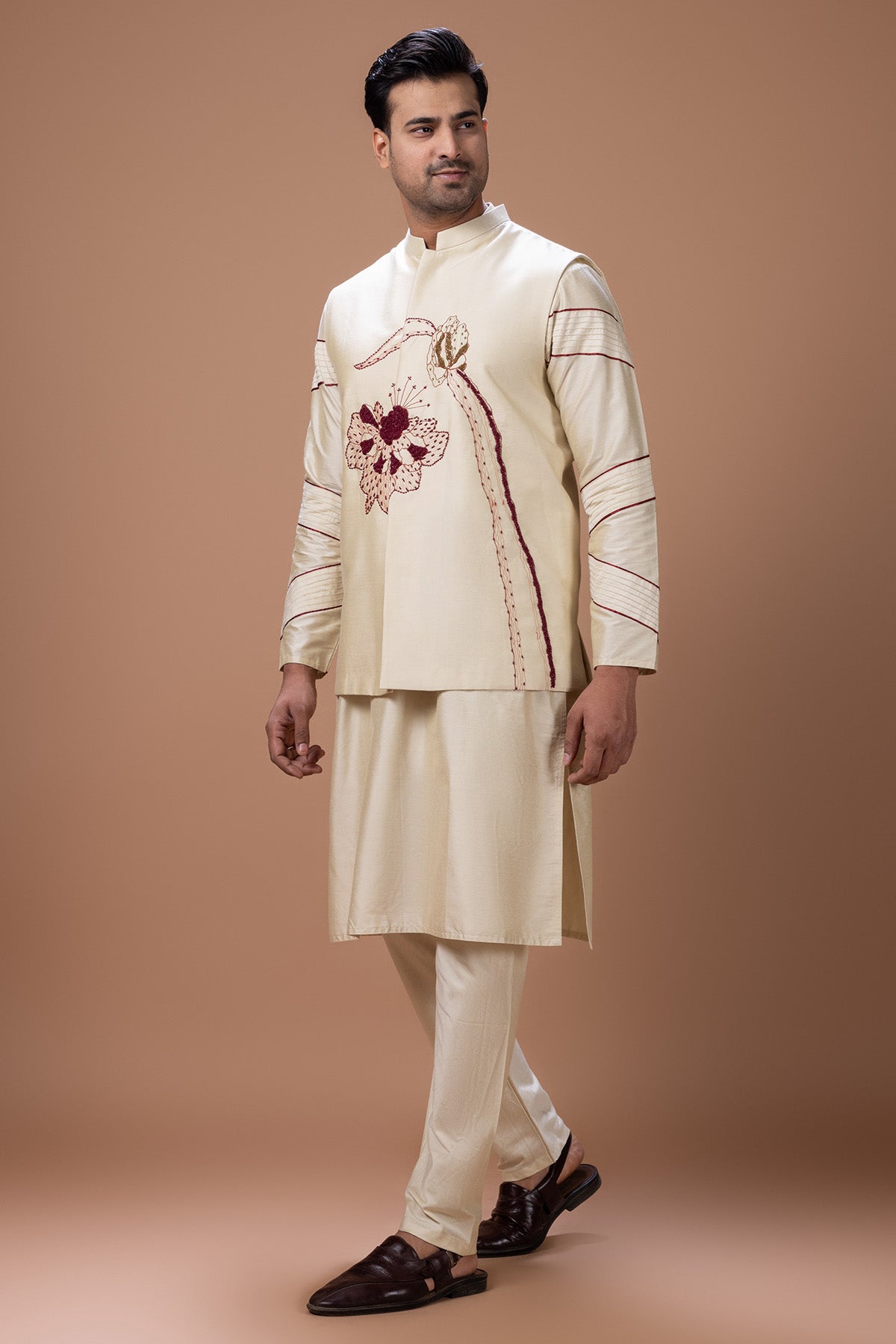 Beige Cotton Flower Kurta Set