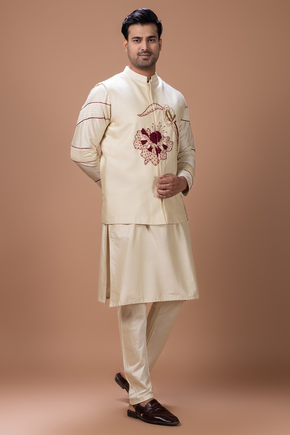 Beige Cotton Flower Kurta Set