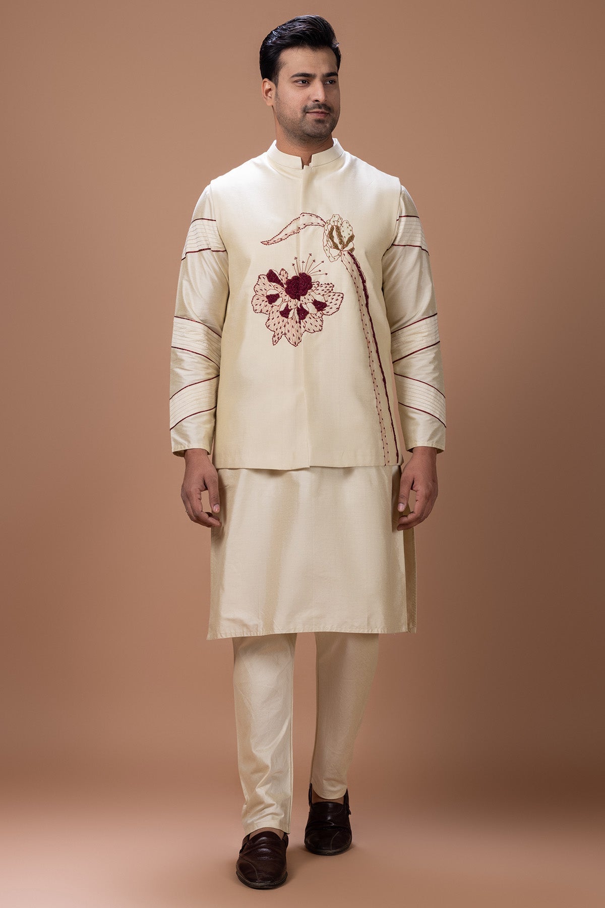 Buy Beige Cotton Flower Kurta Set for men by Priyanka Haralalka online available at scrollnshops