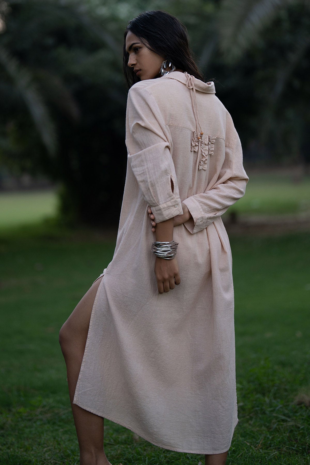 Beige Cotton Gauze Midi Dress