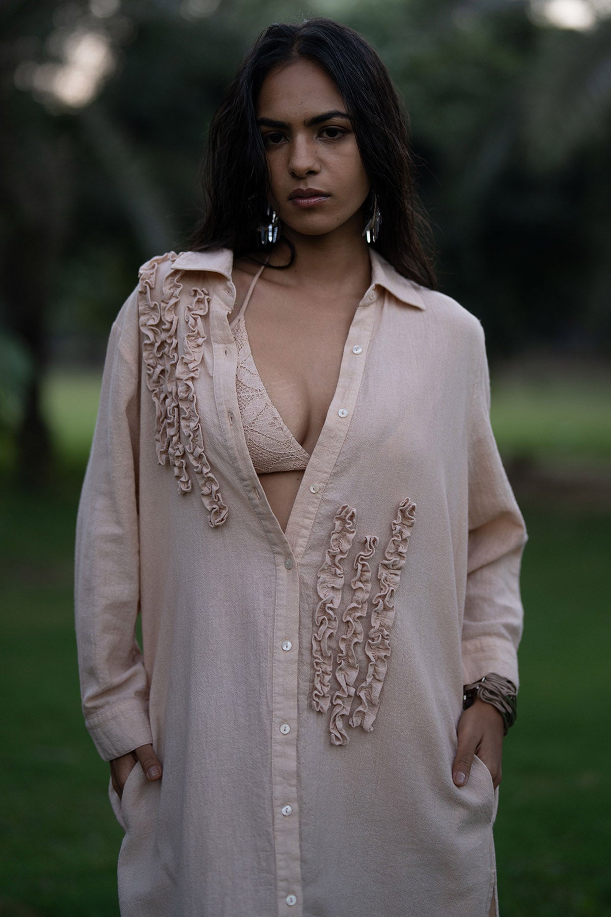 Beige Cotton Gauze Midi Dress
