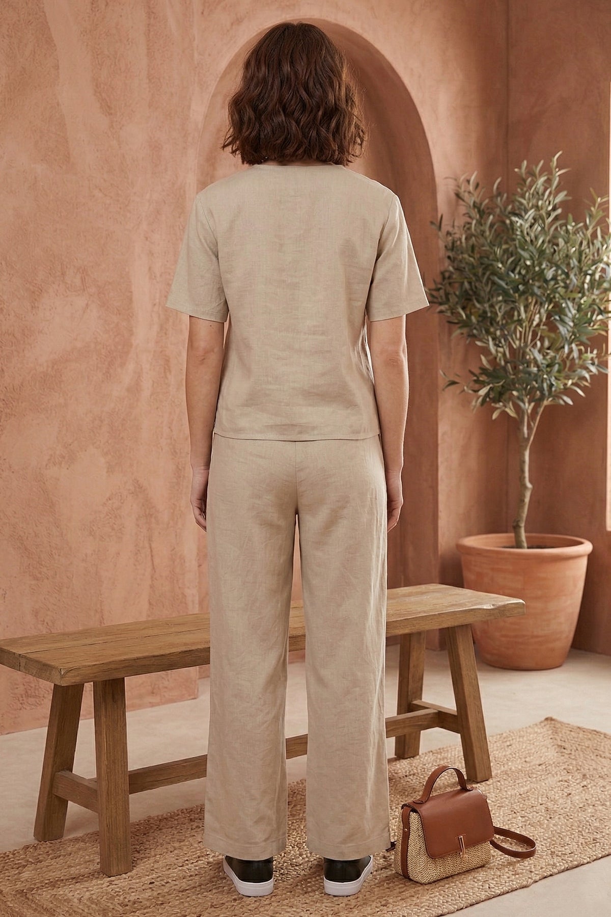 Cotton Linen Beige Button Top