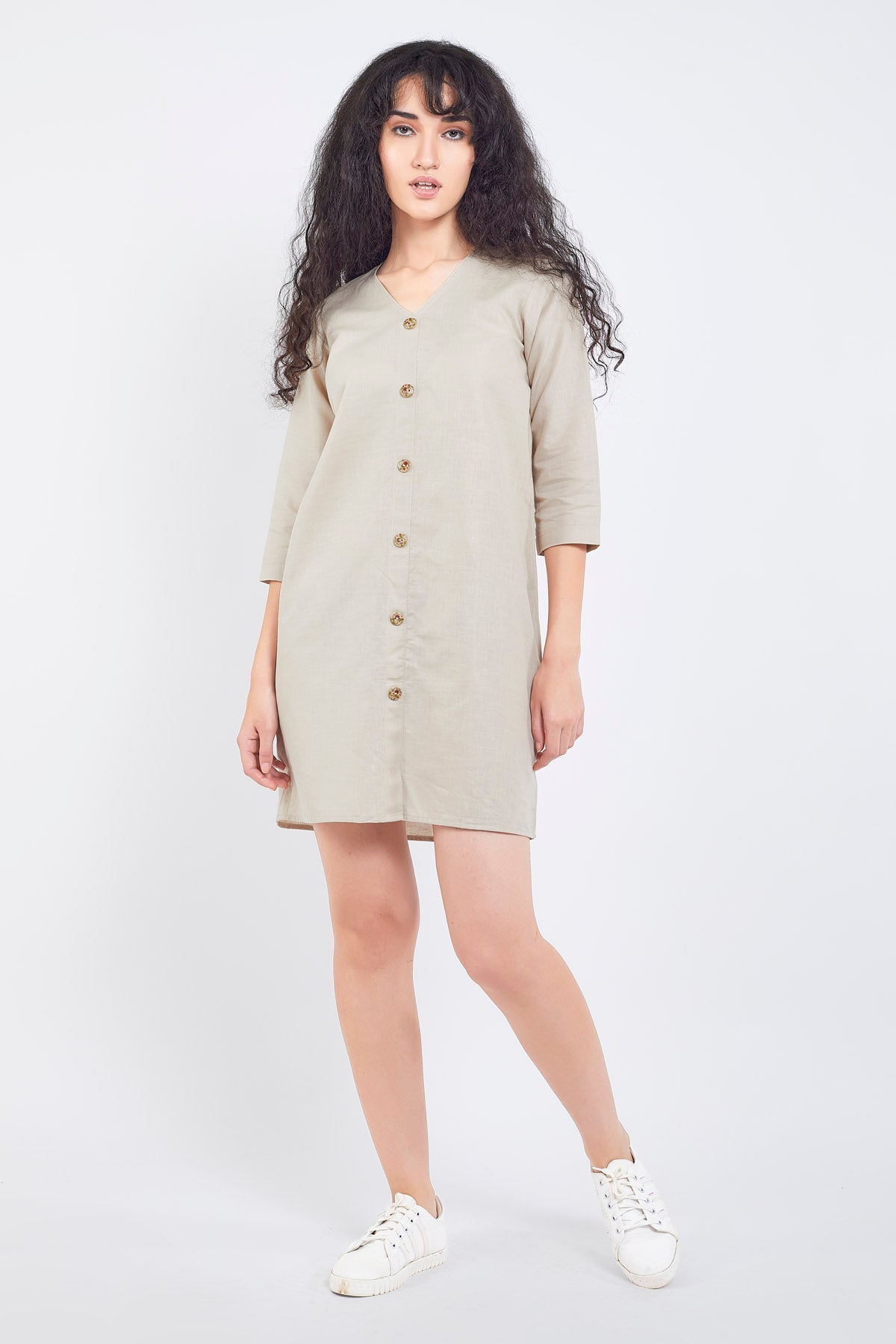 Buy Beige Cotton Linen Mini Dress for Women by SNEHA B Designer online available at scrollnshops