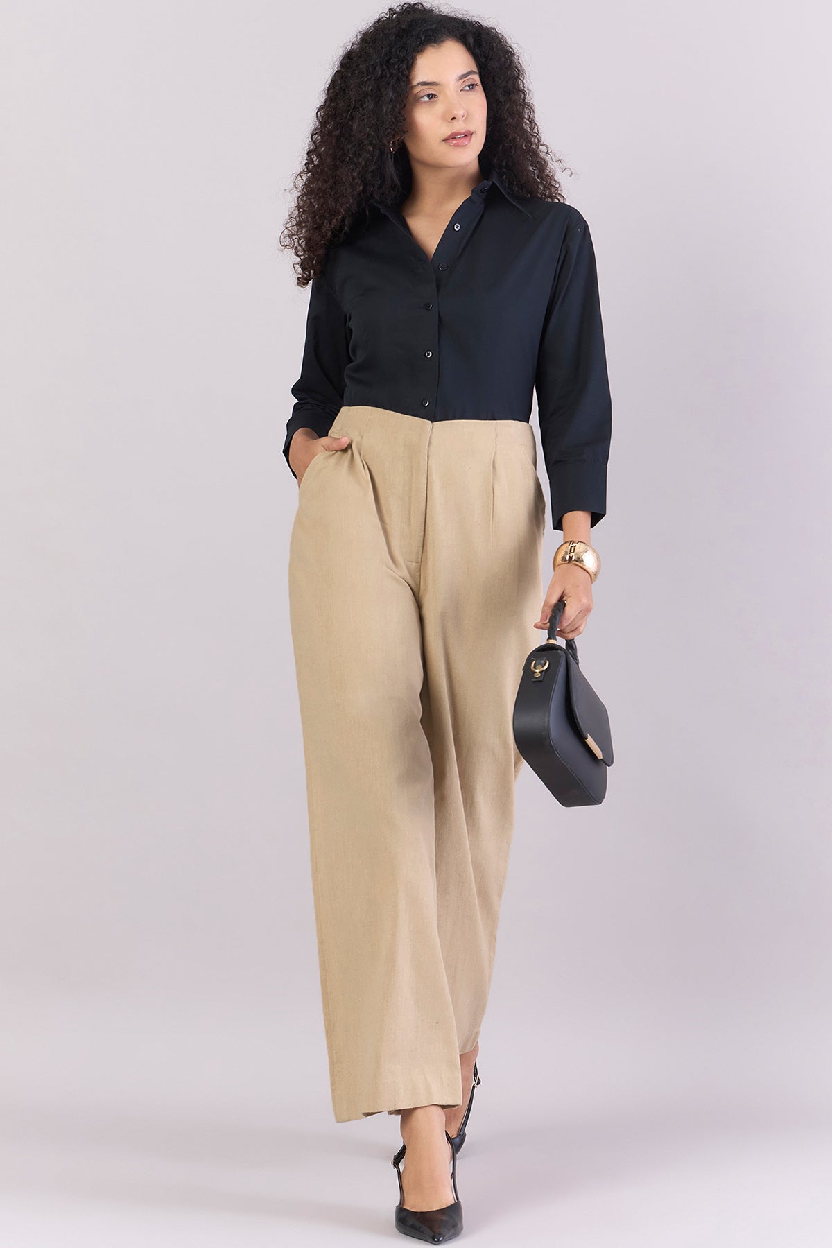 Beige Cotton Loose Fit Trousers