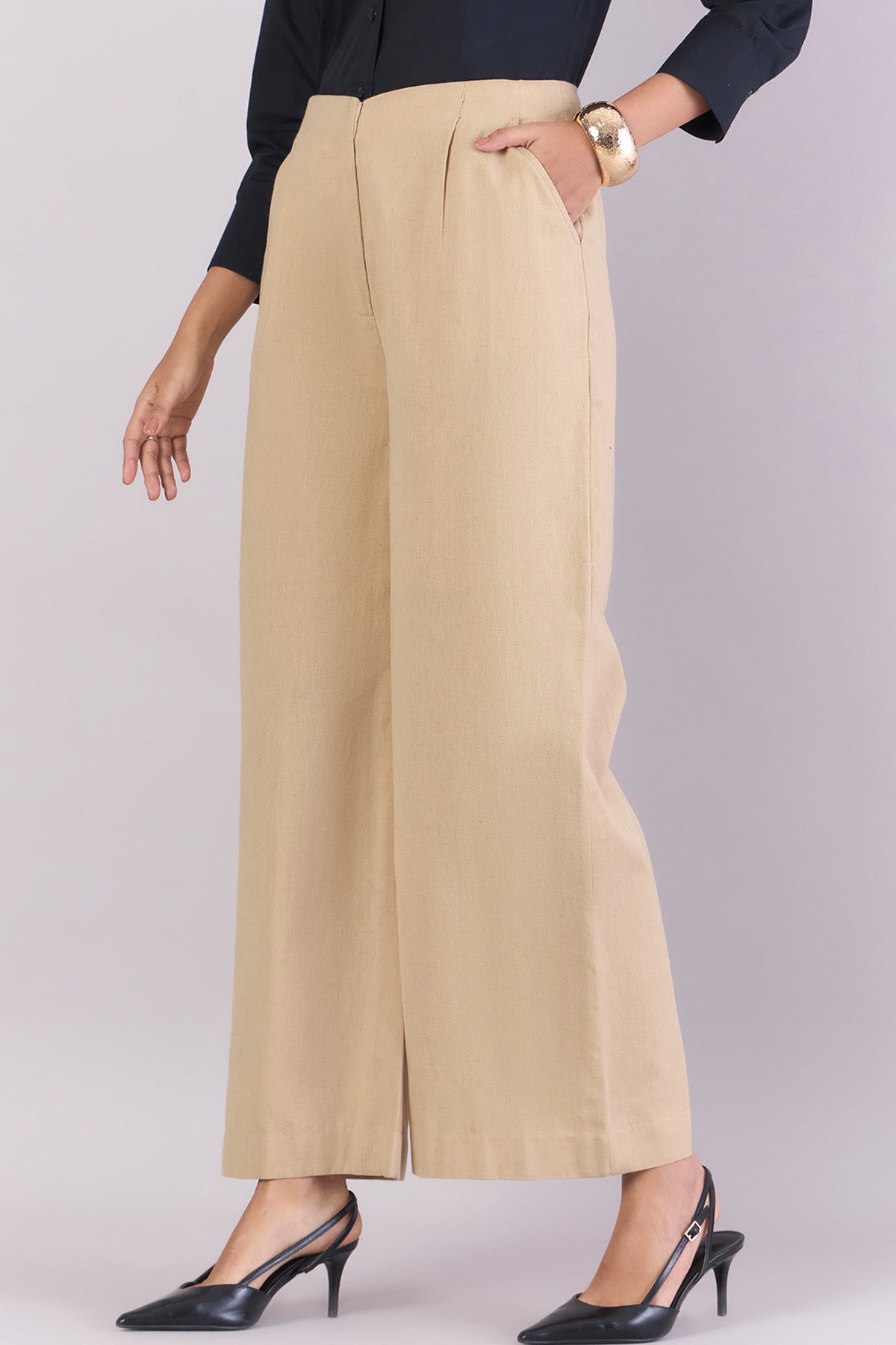 Beige Cotton Loose Fit Trousers