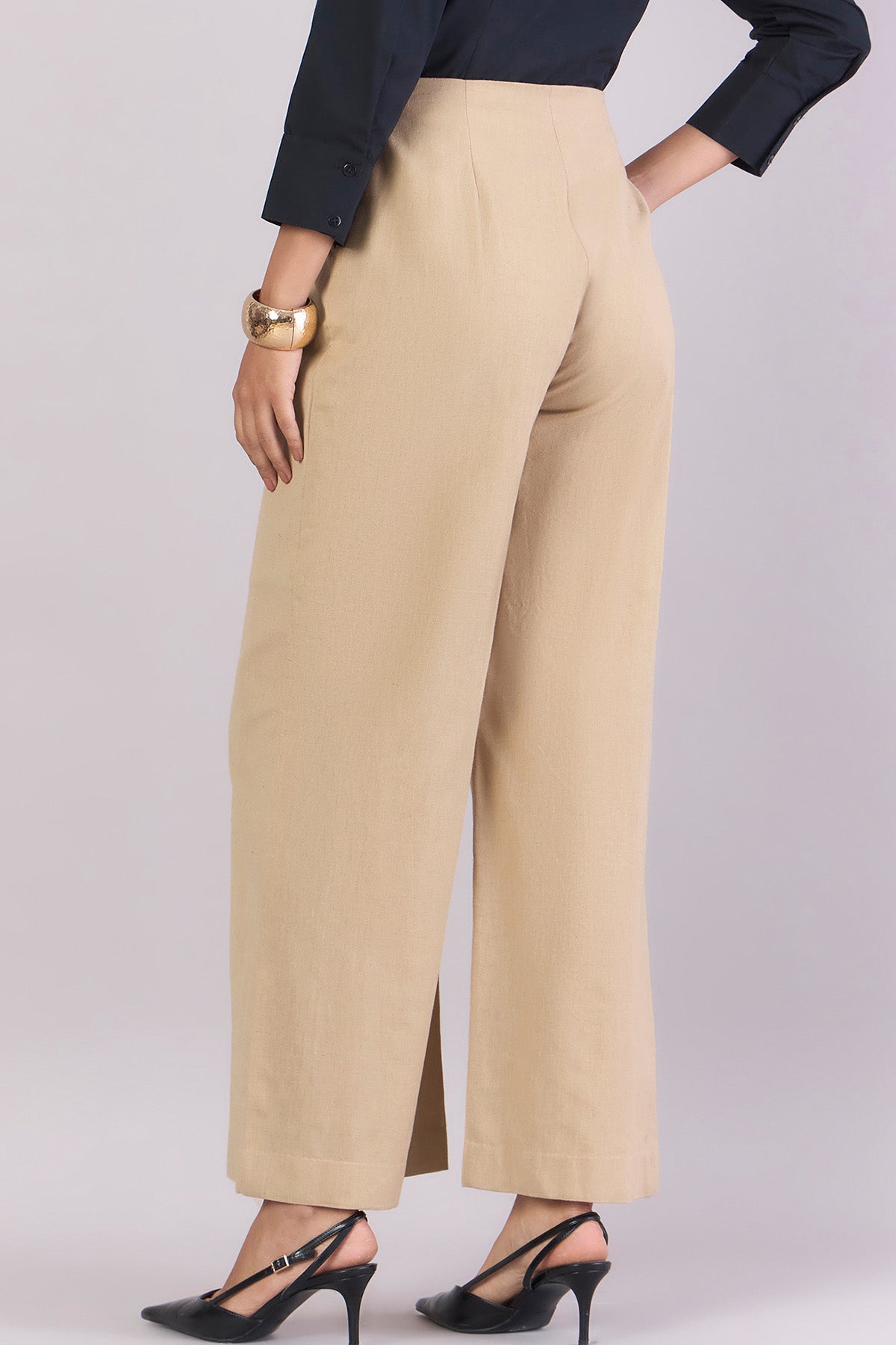 Beige Cotton Loose Fit Trousers
