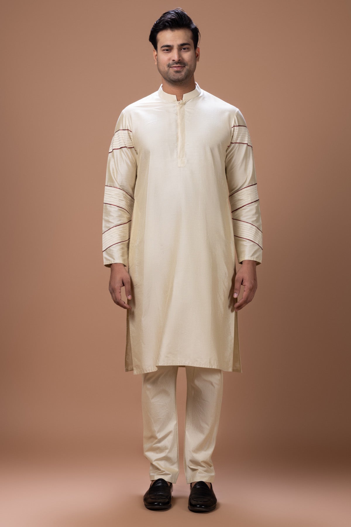 Buy Beige Cotton Pleated Kurta Set for men by Priyanka Haralalka online available at scrollnshops